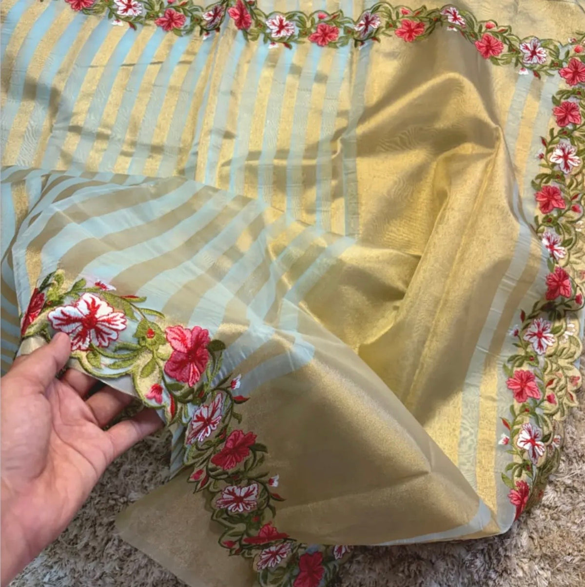 Banaras stripes sarees with scalloped embroidery