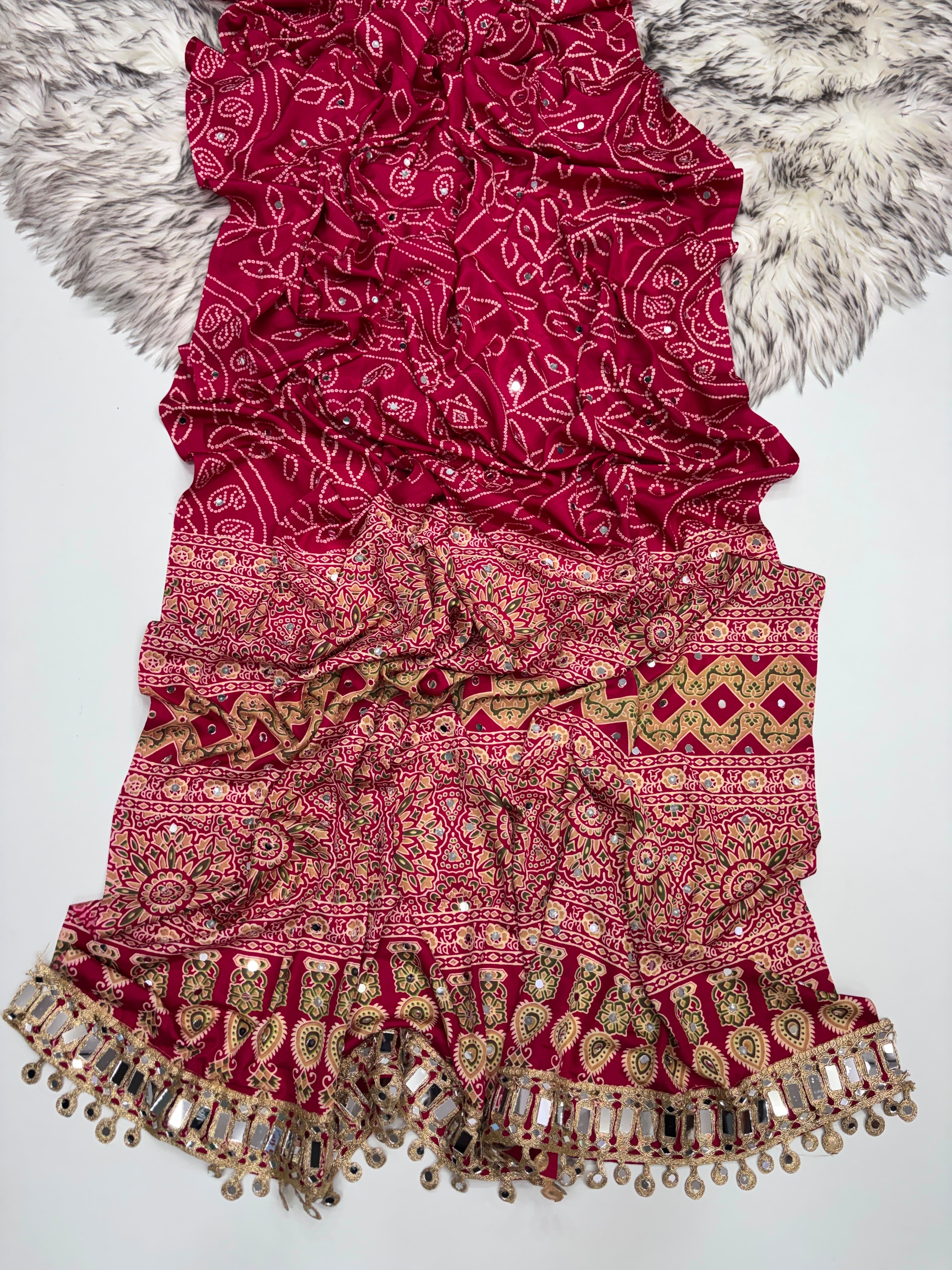 Fancy bandini ajrakh silk sarees with mirrors allover