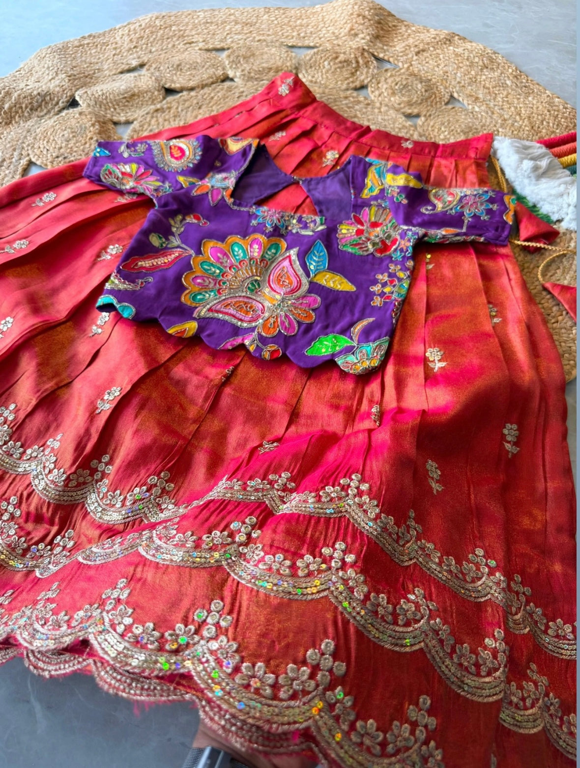 Kids fully stitched tissue silk lehangas with scalloped embroidery and designer blouse (1-16 years )