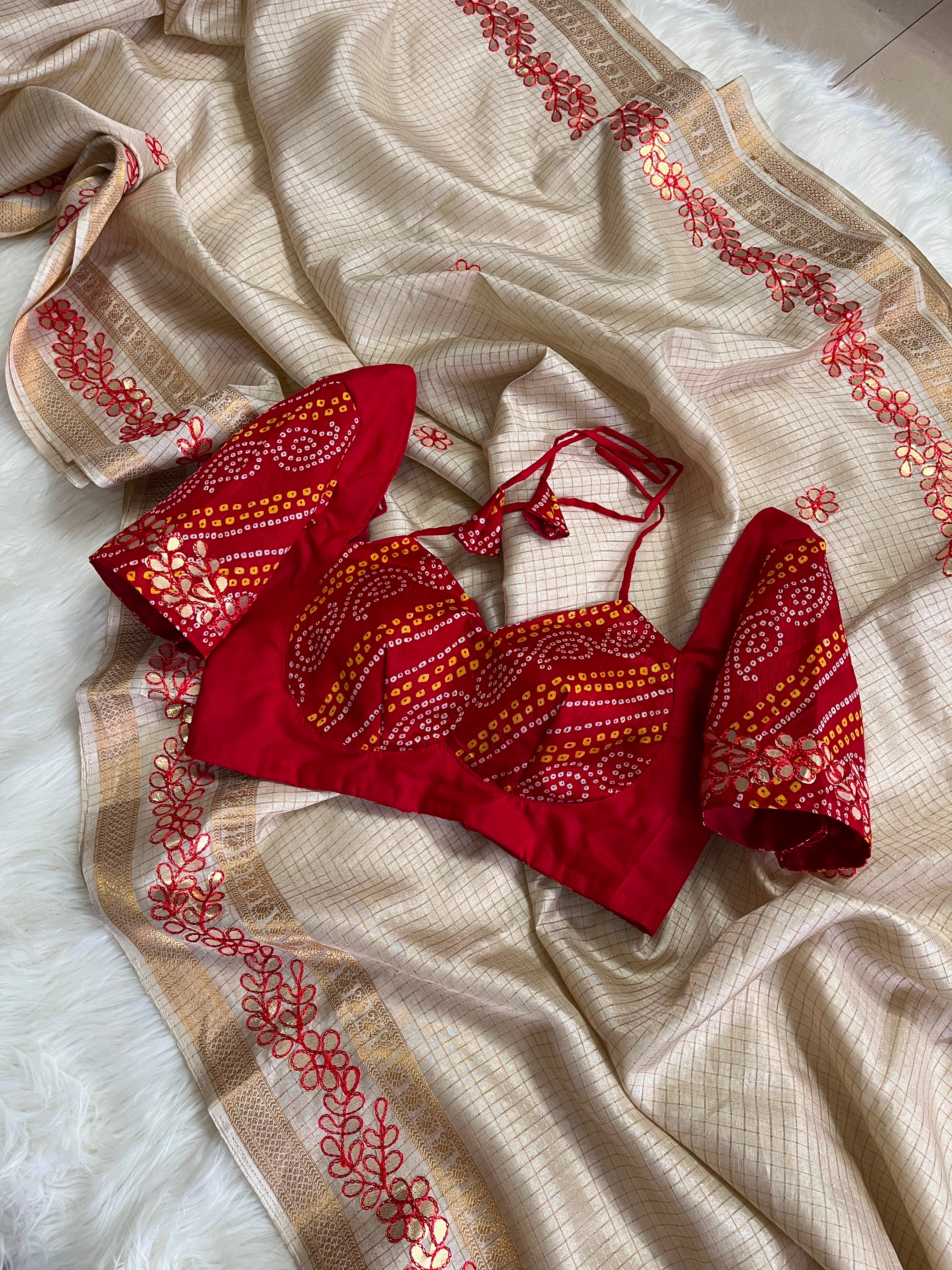 Exclusive fancy tissue checkered silk saree with gottawork and fully stitched blouse ! Dispatch time 5-7 days