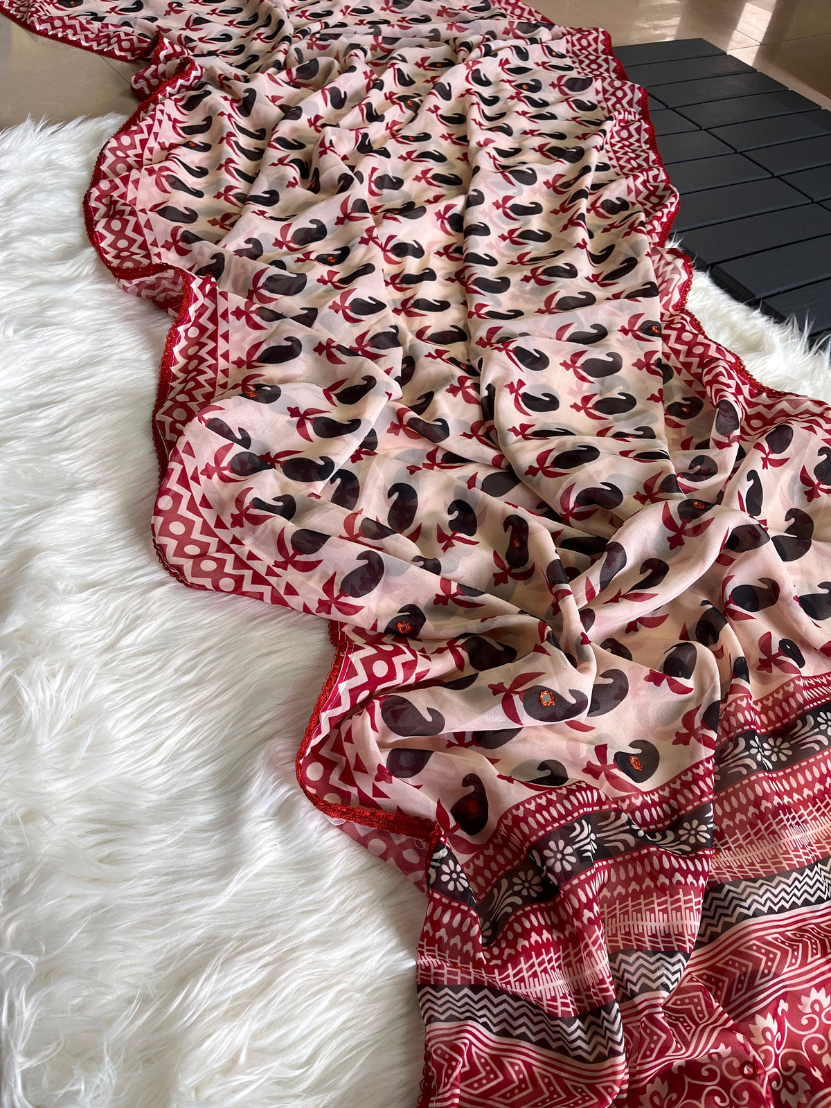 Georgette designer sarees with crochet borders and blouse
