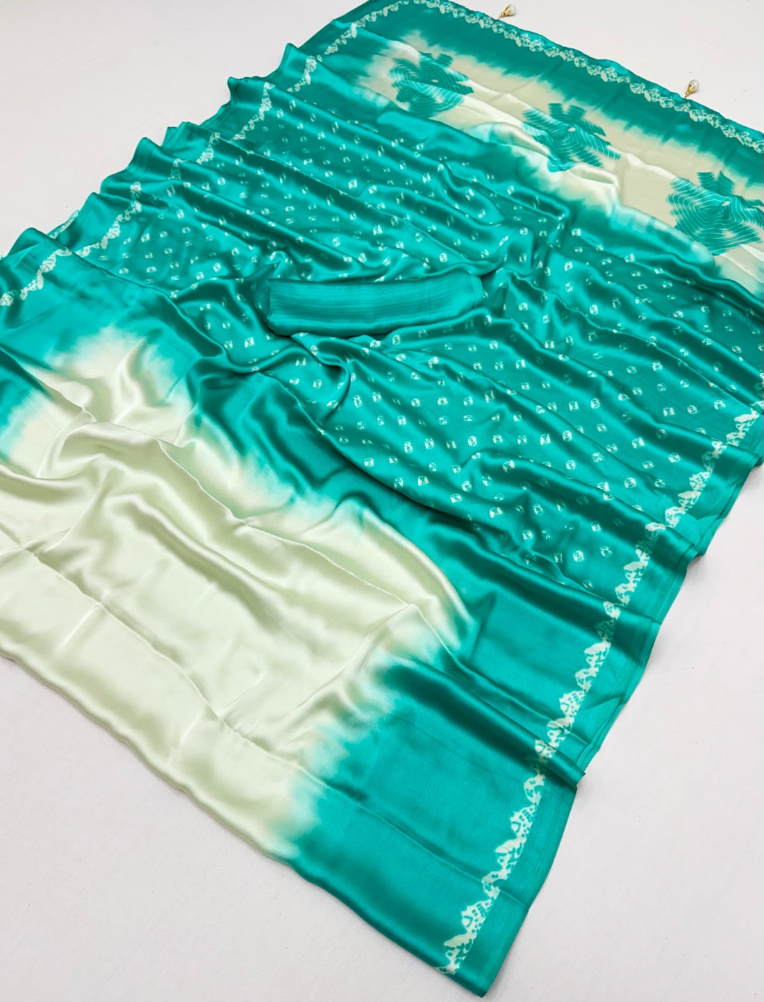 Shaded satin crepe silk sarees with bandini pallu unstitched blouse