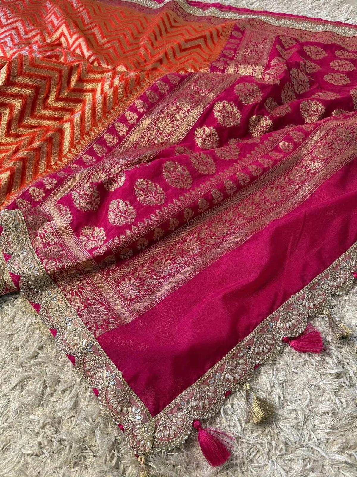 Banaras georgette silk saree with allover weaving and scalloped borders