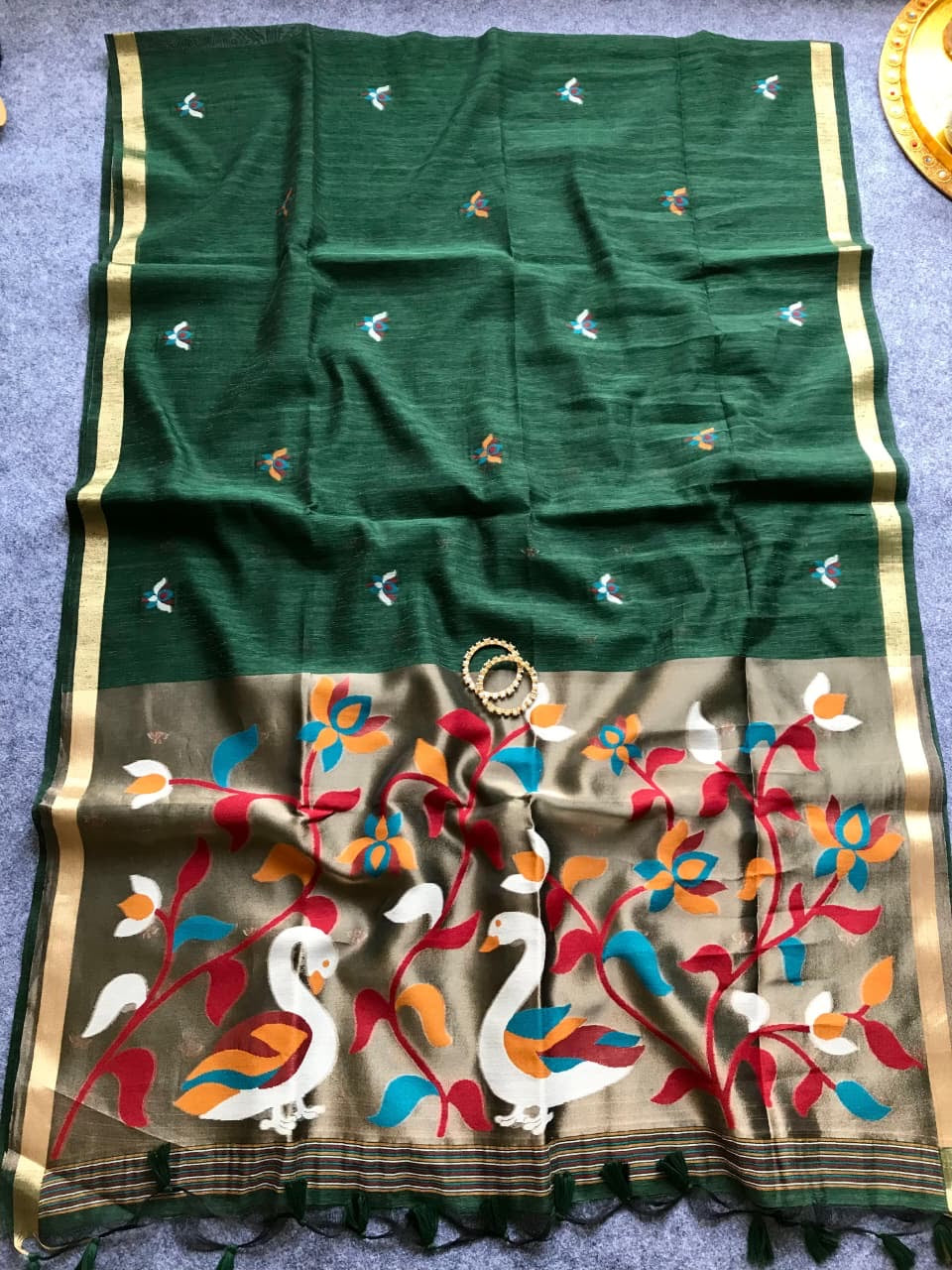 Fancy linen jamdani silk sarees with paithani pallu