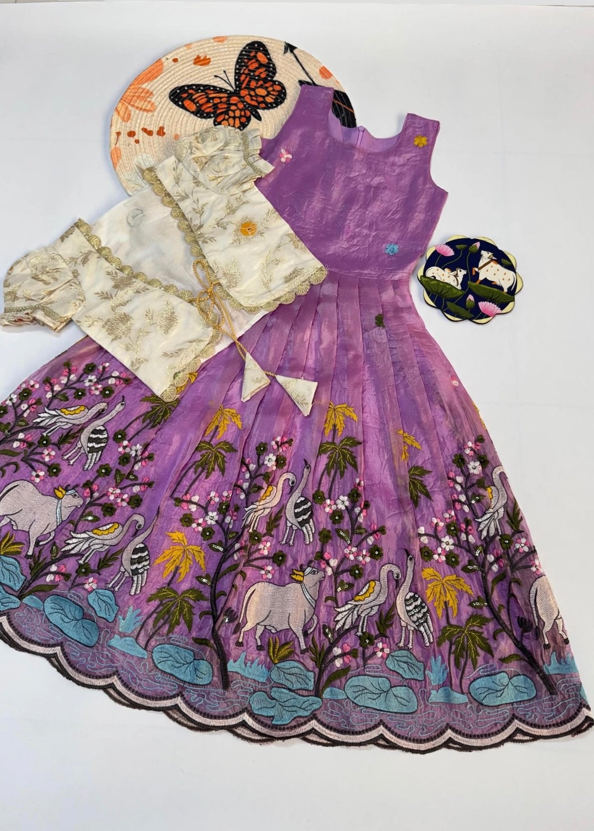 Tissue silk embroidery dress with overcoat kids (1-15 years )