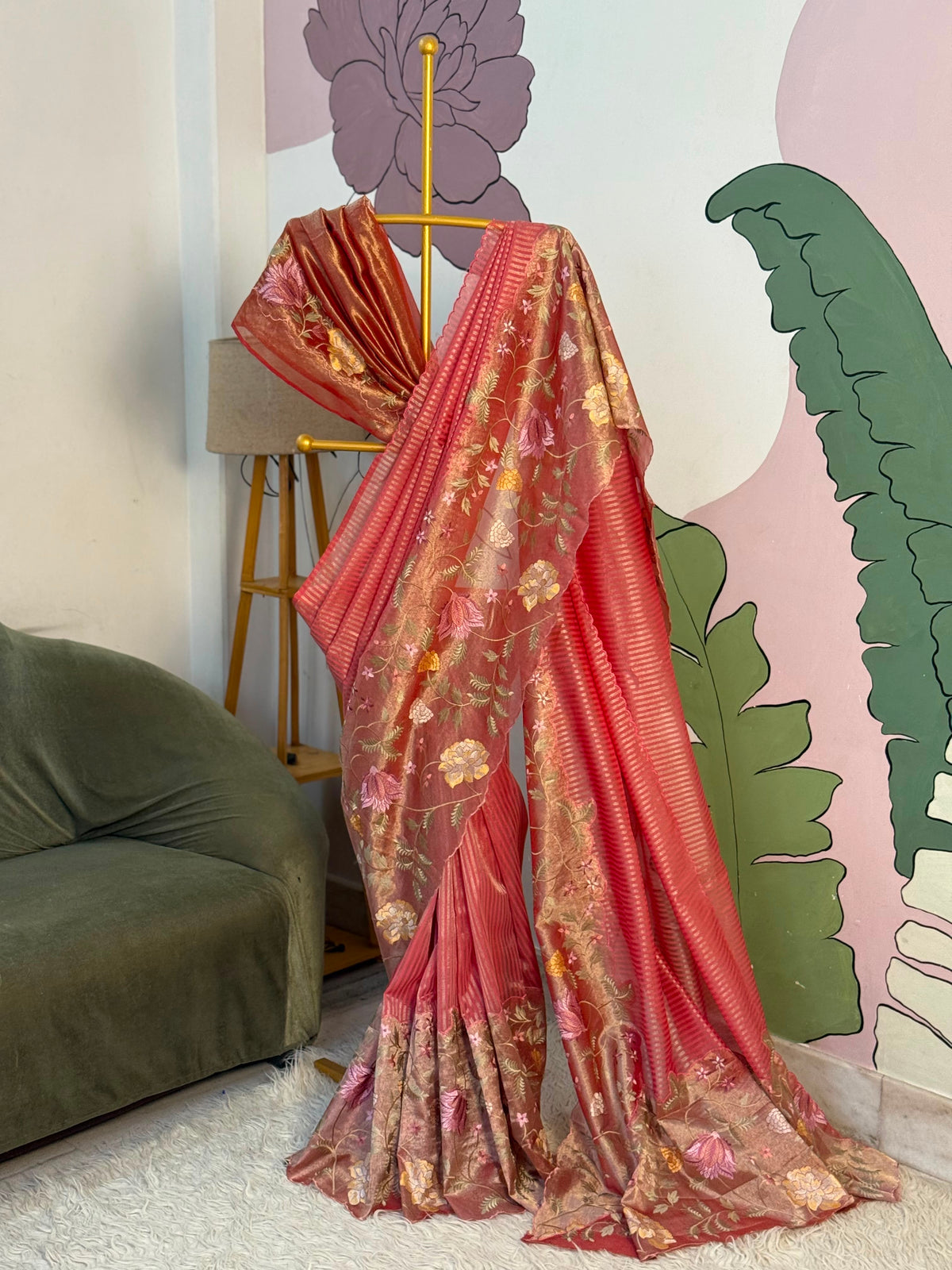 Banaras kora stripes saree with tissue borders and rich embroidery unstitched blouse
