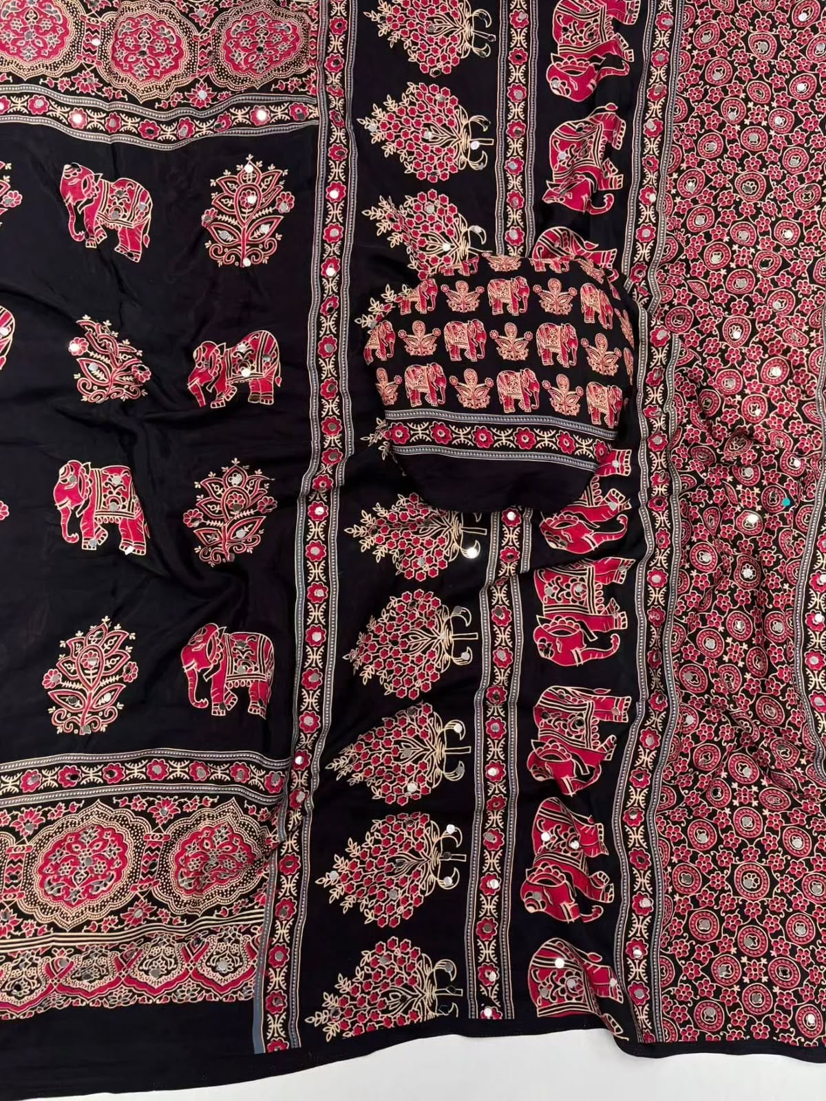 Fancy ajrakh crepe silk sarees with mirrors allover