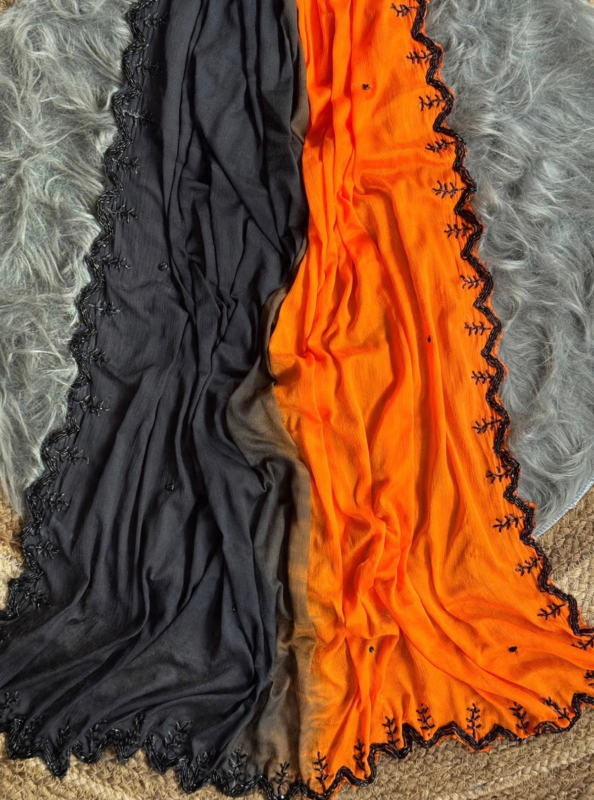 Shaded chinnon sarees with scalloped handwork borders and rich blouse handwork