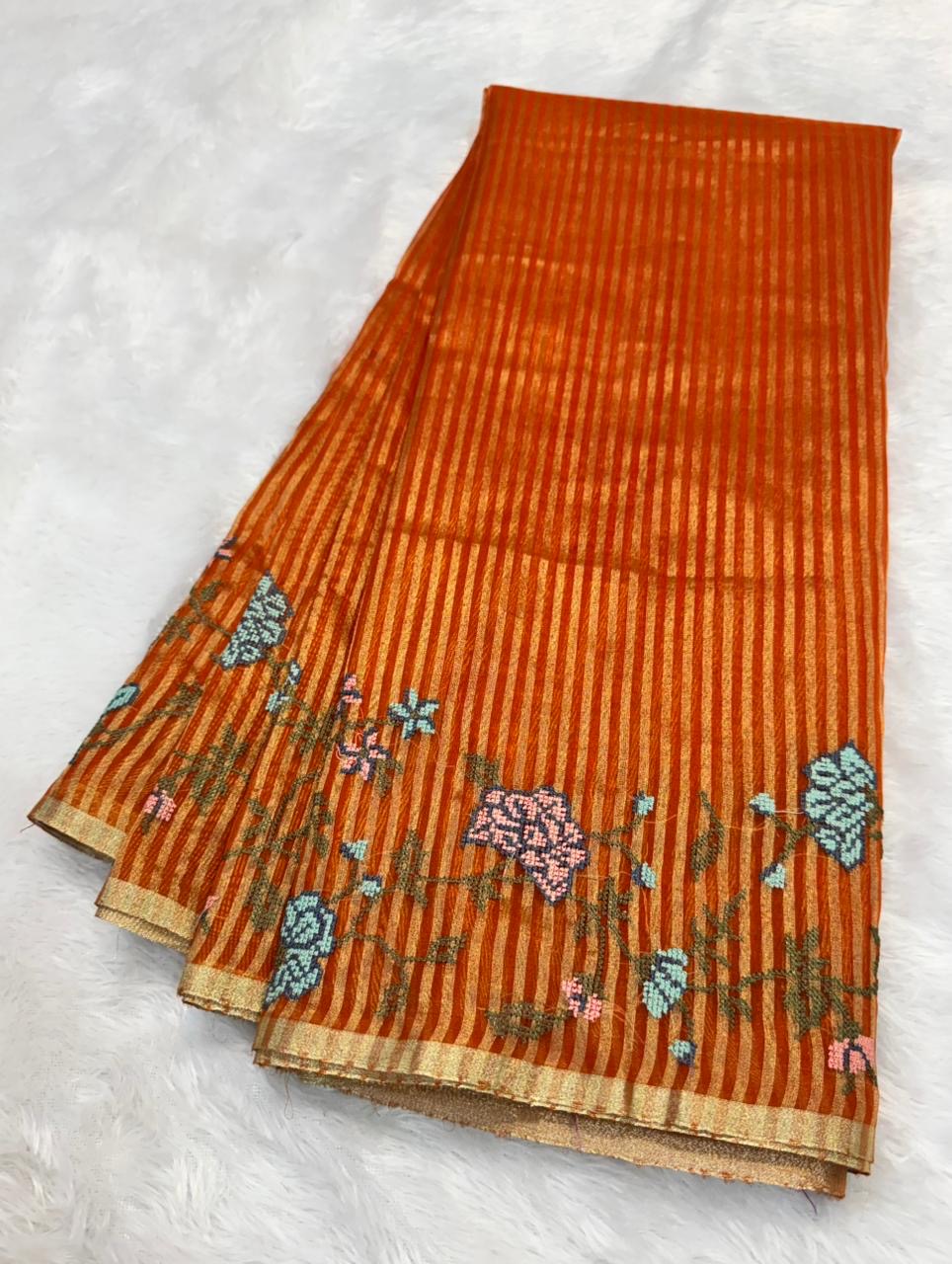 Banaras stripes sarees with intricate petit point work