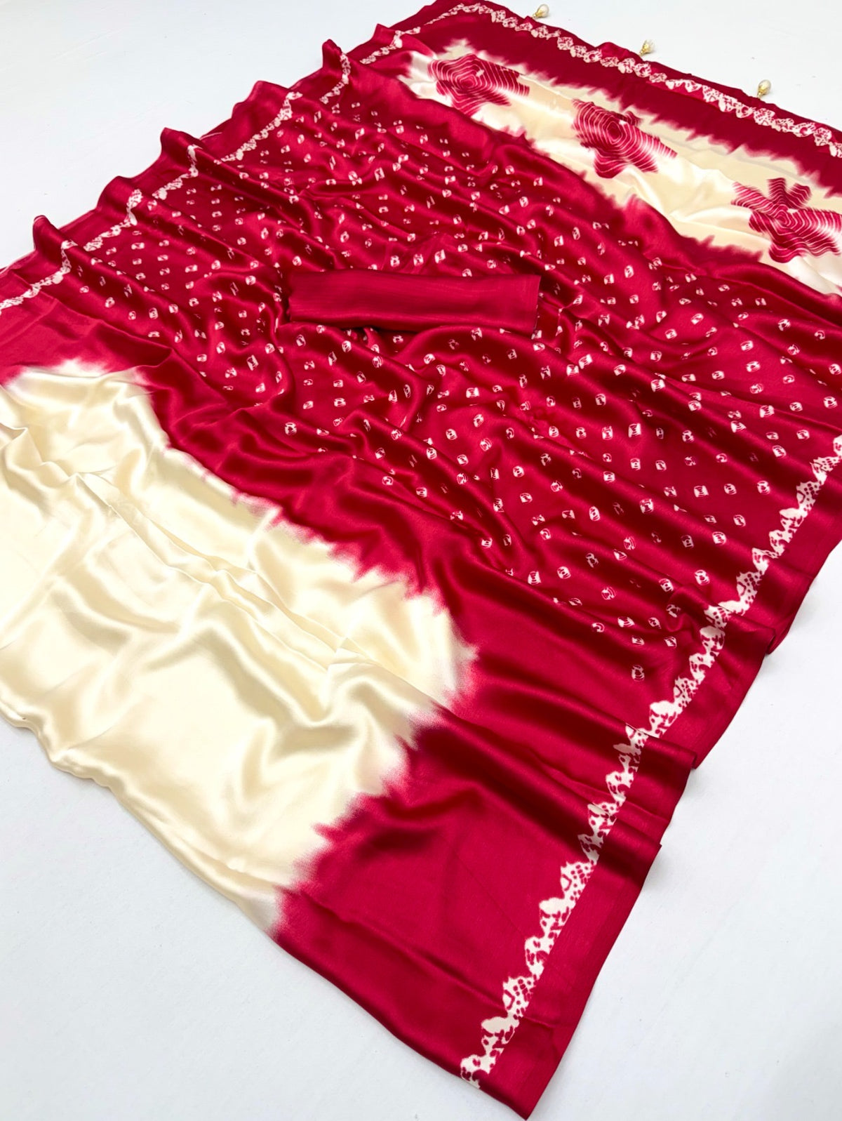 Shaded satin crepe silk sarees with bandini pallu unstitched blouse