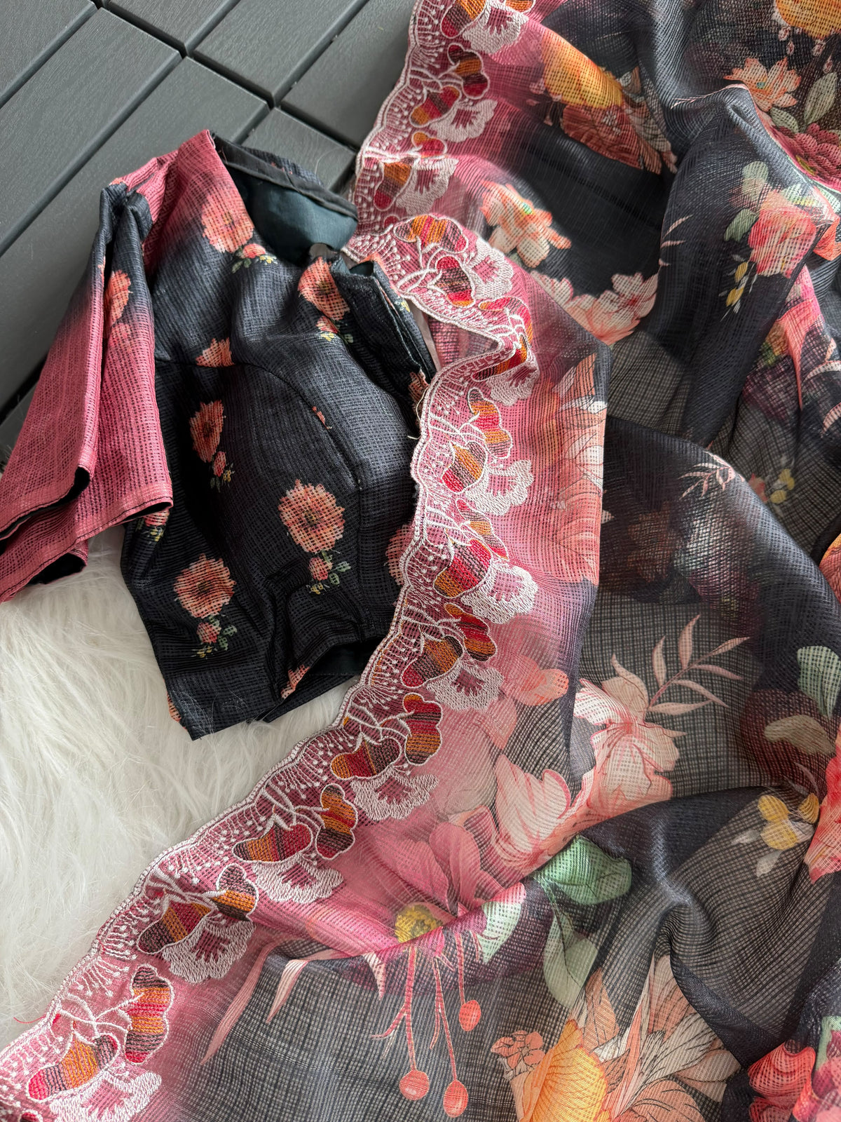 Floral kota sarees with scalloped intricate embroidery and unstitched blouse
