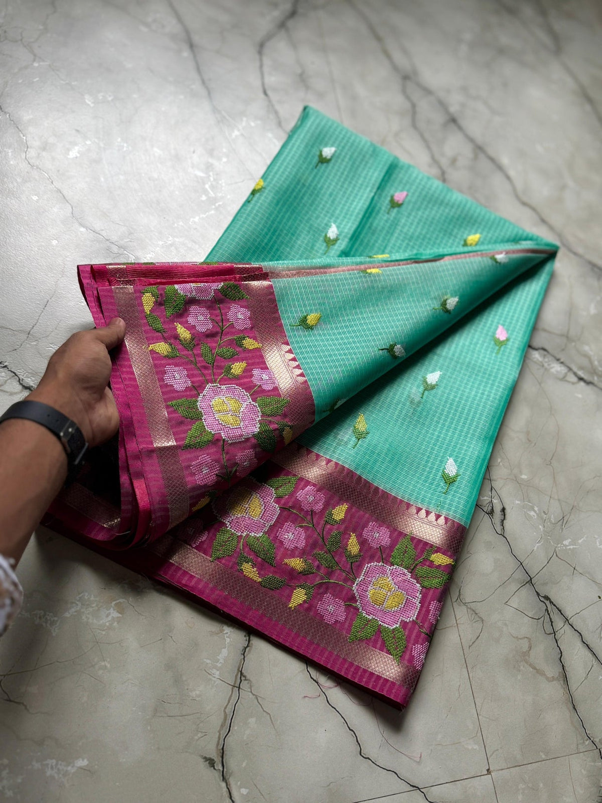 Vintage banaras kota sarees with petit point work allover and gap borders