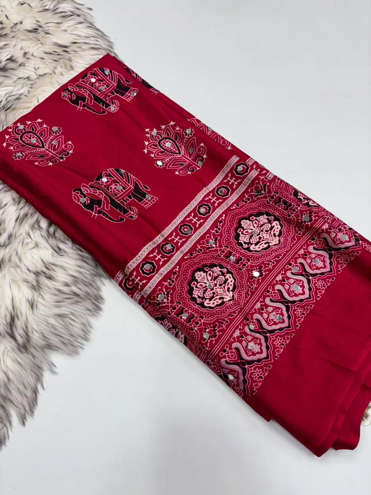 Fancy ajrakh crepe silk sarees with mirrors allover
