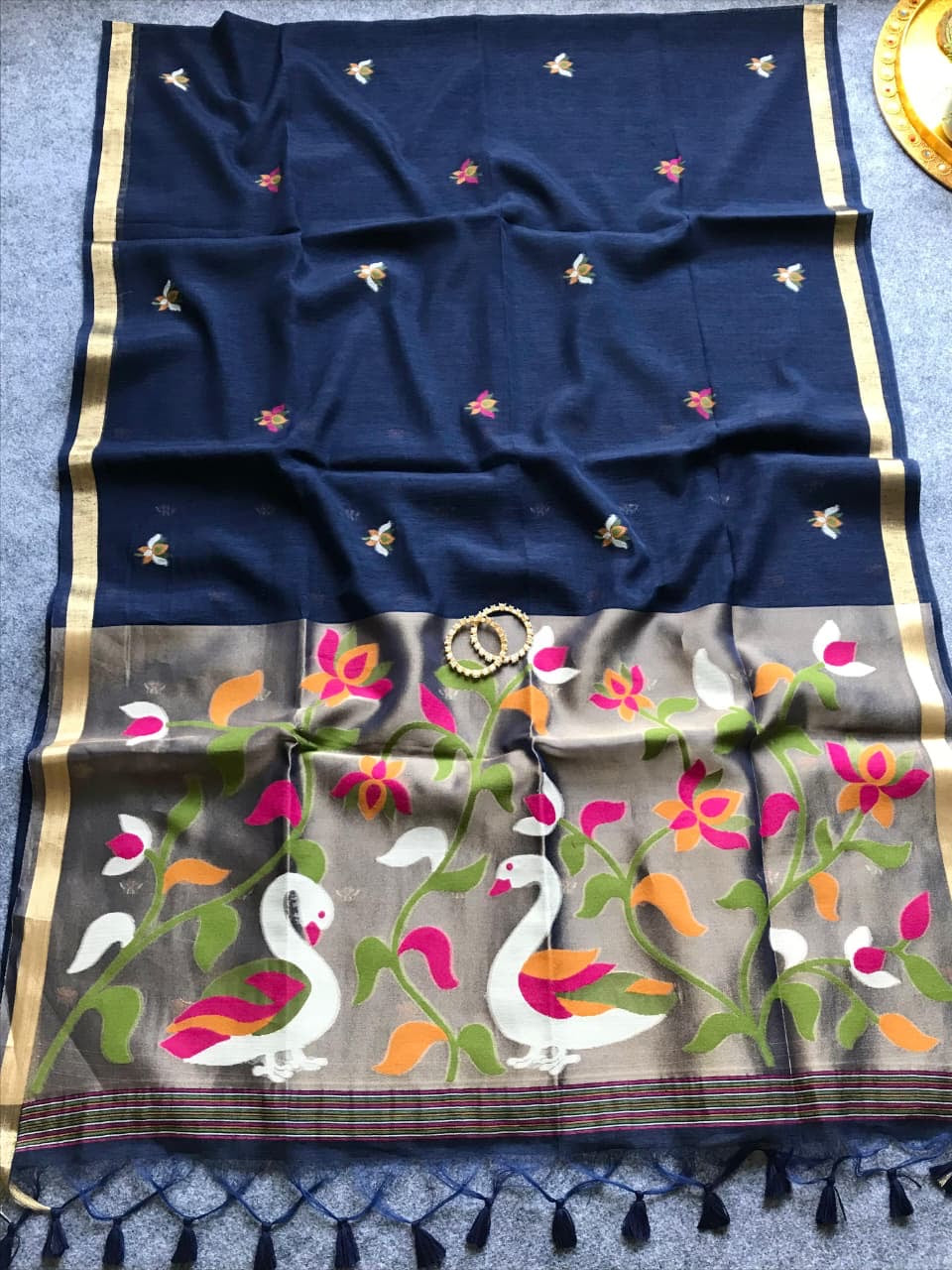 Fancy linen jamdani silk sarees with paithani pallu