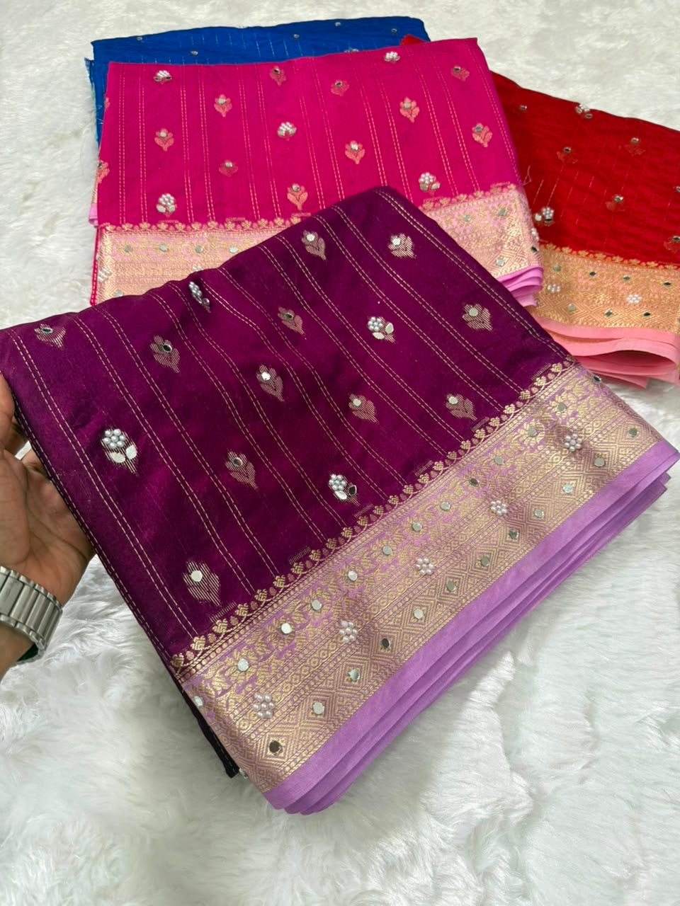 Vintage banaras soft silk sarees with pearl and mirrors designing