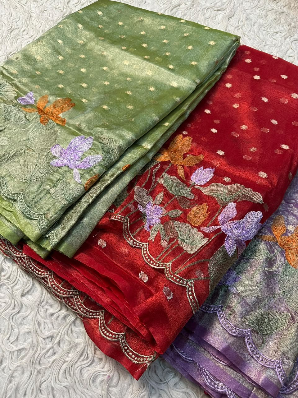 Banaras tissue silk sarees with scalloped applique embroidery