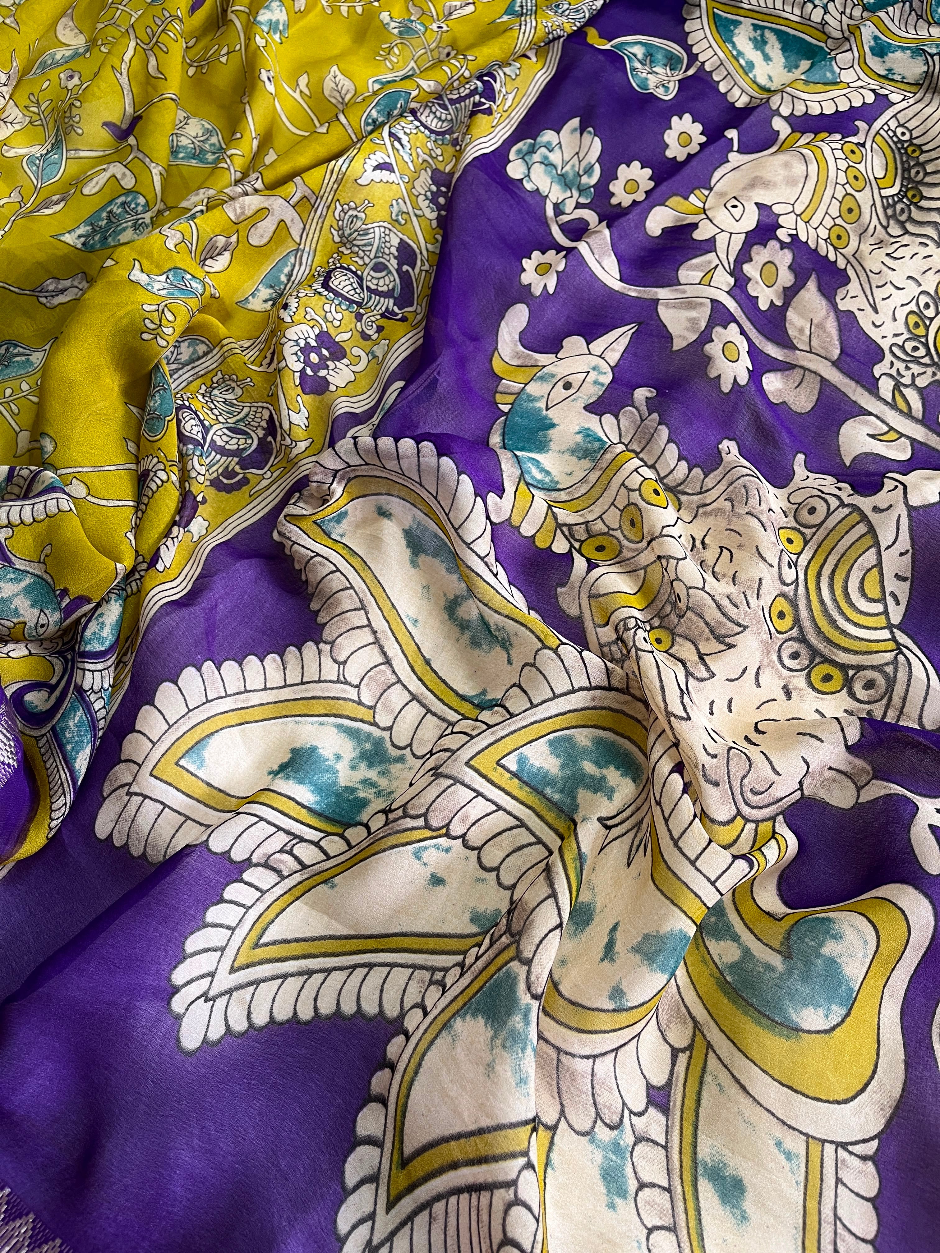 Kalamkari soft silk saree with unique combination unstitched blouse
