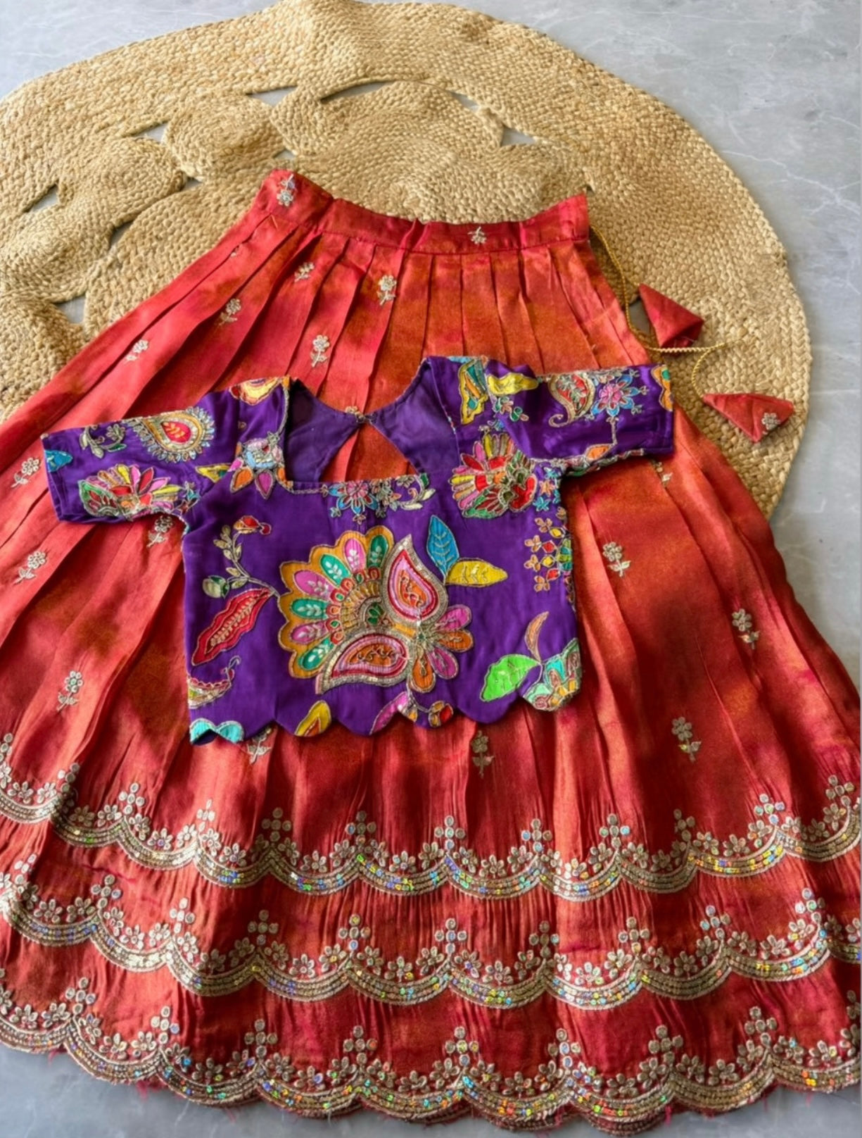 Kids fully stitched tissue silk lehangas with scalloped embroidery and designer blouse (1-16 years )