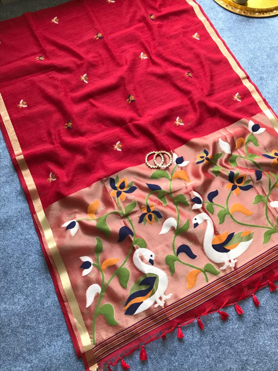 Fancy linen jamdani silk sarees with paithani pallu