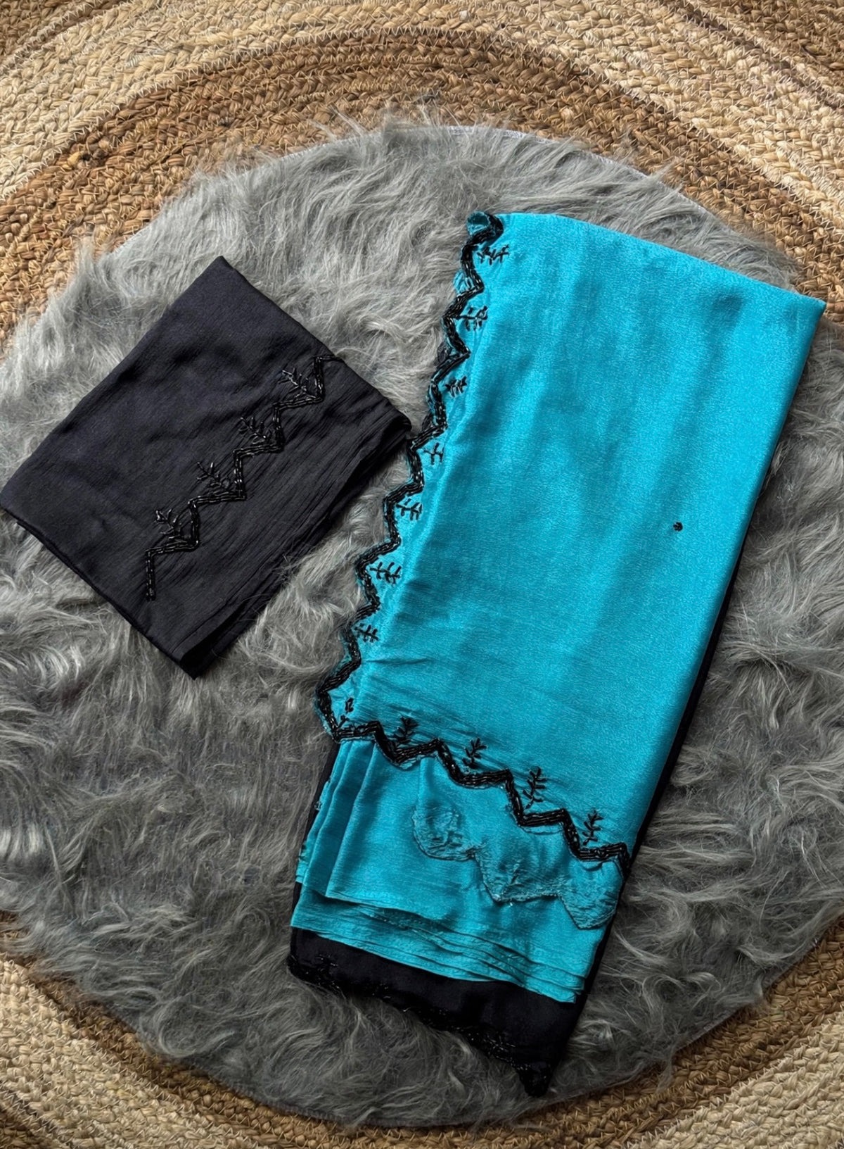 Shaded chinnon sarees with scalloped handwork borders and rich blouse handwork