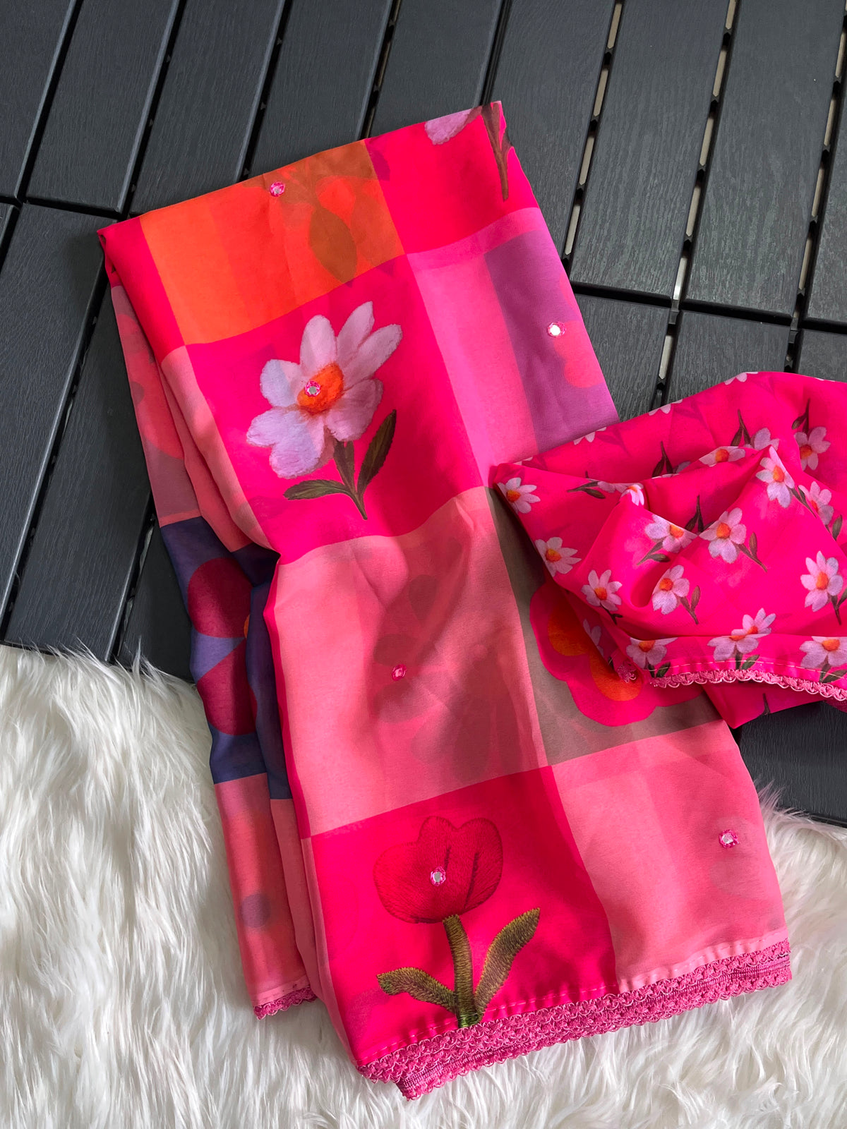 Georgette designer sarees with crochet borders and blouse