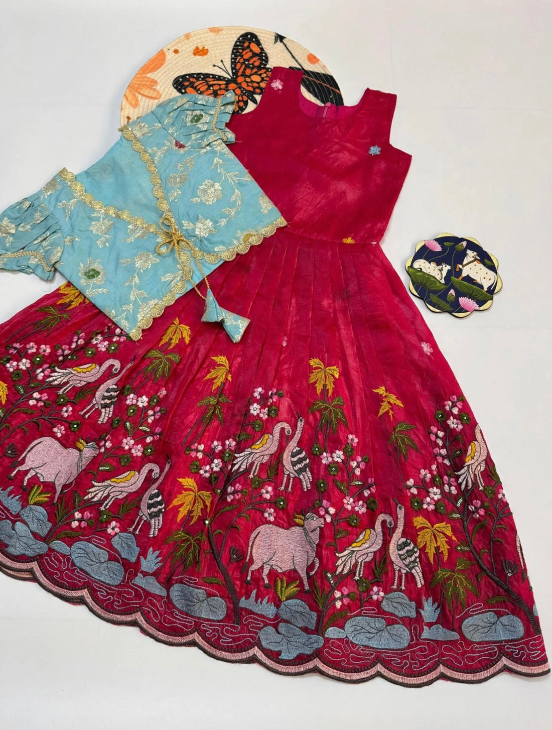 Tissue silk embroidery dress with overcoat kids (1-15 years )