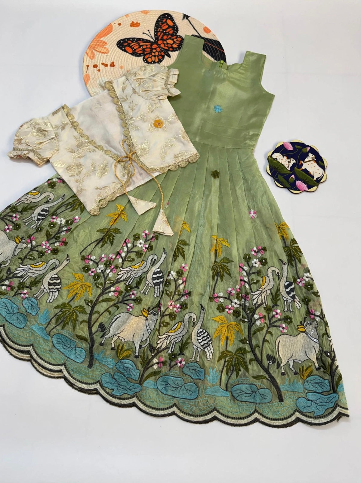 Tissue silk embroidery dress with overcoat kids (1-15 years )