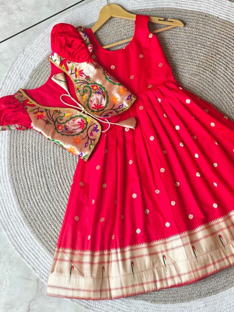 Kids fully stitched fancy paithani soft silk dresses with jacket  (1-16 years)