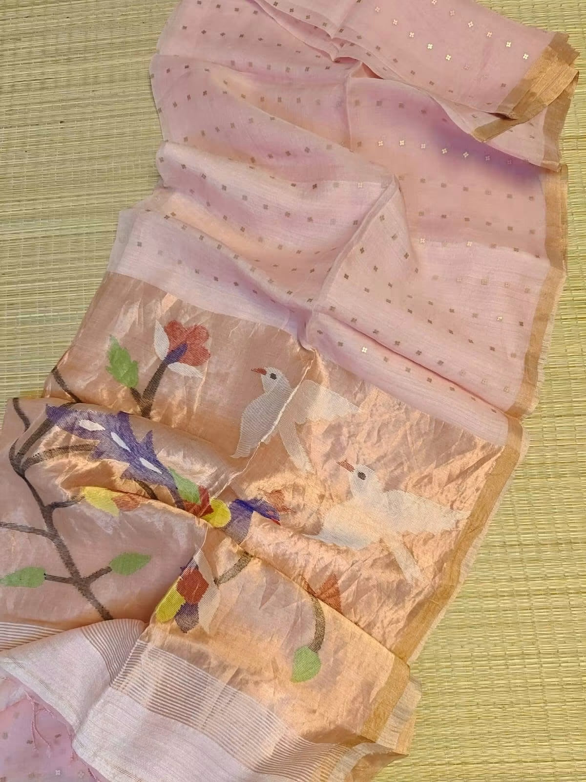 Handloom pure muslin jamdani silk sarees with paithani weaving pallu