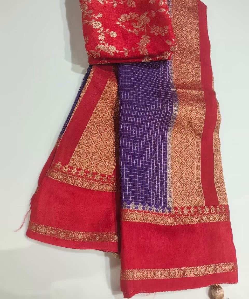 Exclusive banaras crepe silk sarees with checkered weaving gap borders and rich unstitched banaras blouse