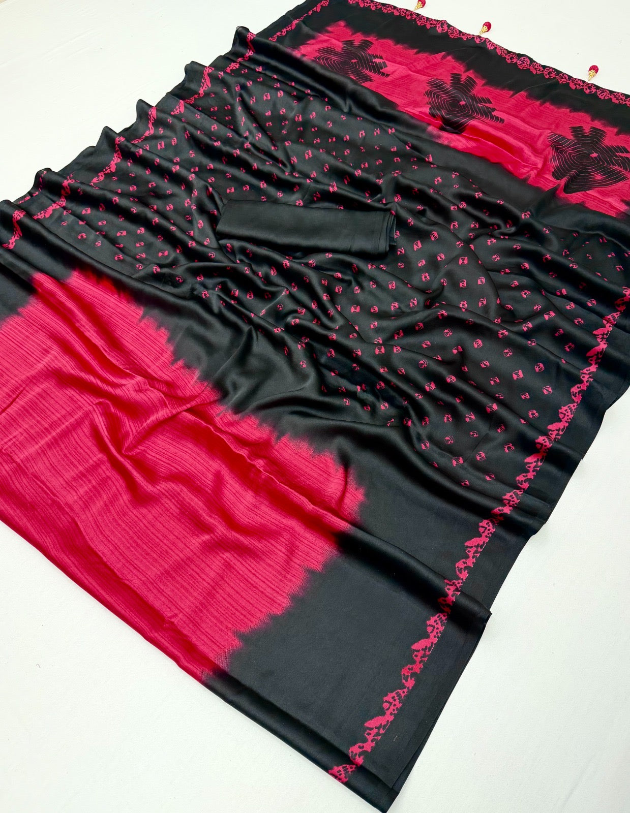Shaded satin crepe silk sarees with bandini pallu unstitched blouse