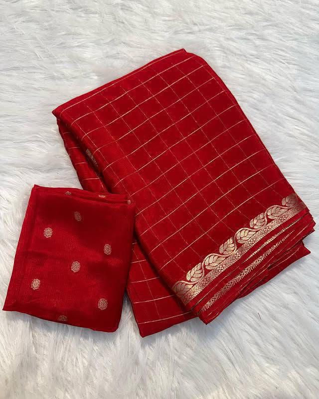 Chinnon sarees with checkered weaving and rich blouse