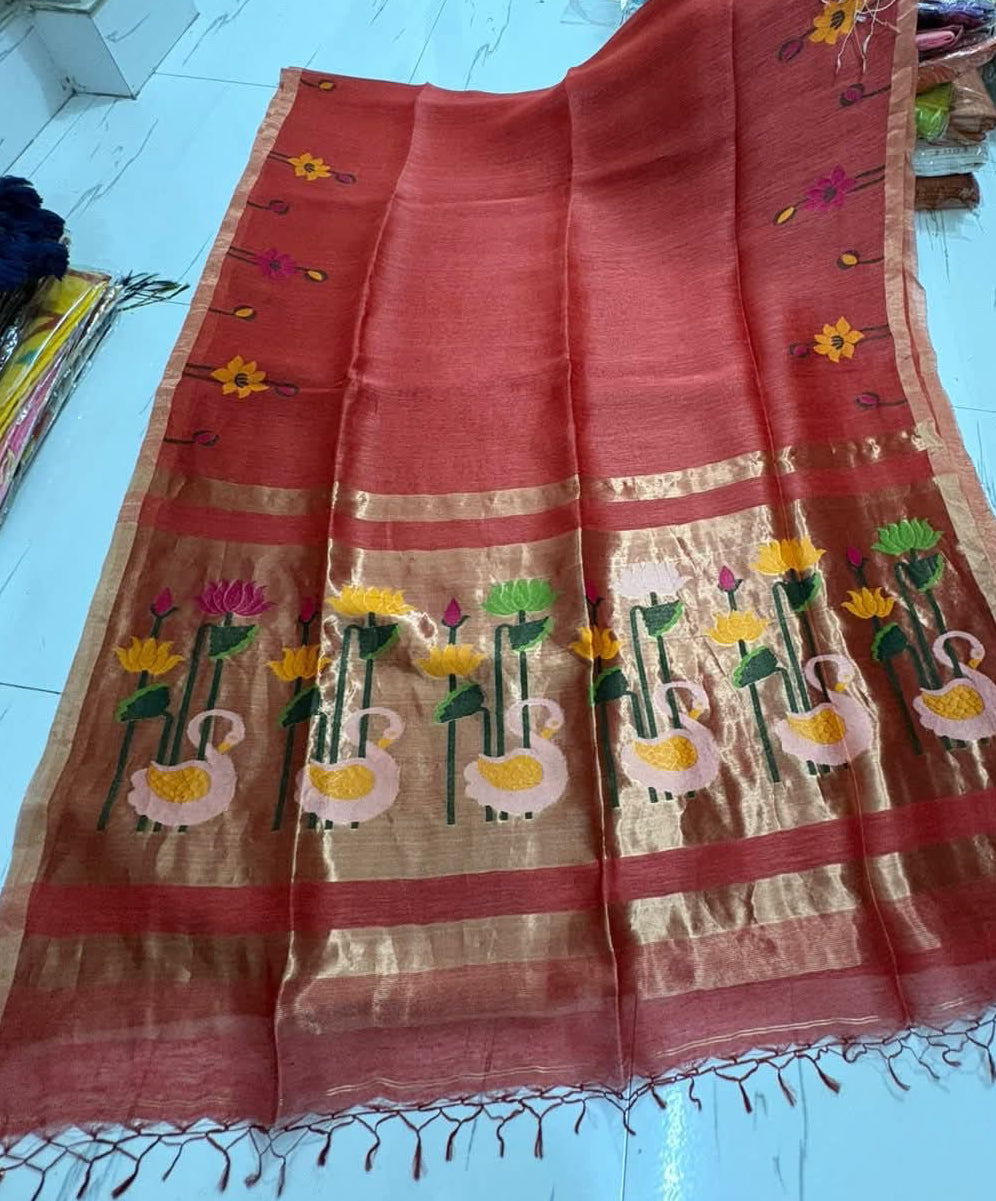 Handloom pure linen silk jamdani sarees