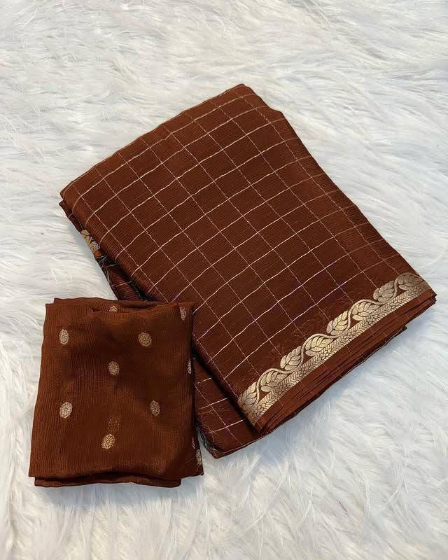 Chinnon sarees with checkered weaving and rich blouse