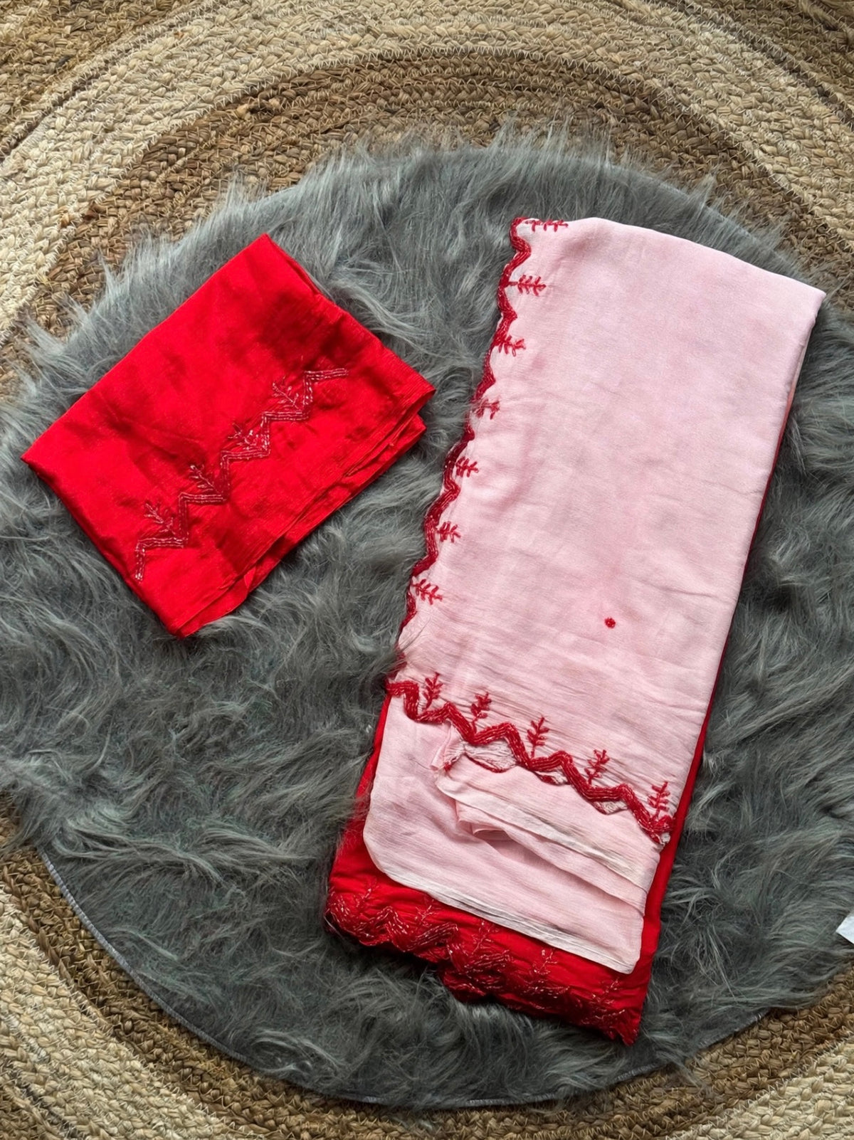 Shaded chinnon sarees with scalloped handwork borders and rich blouse handwork