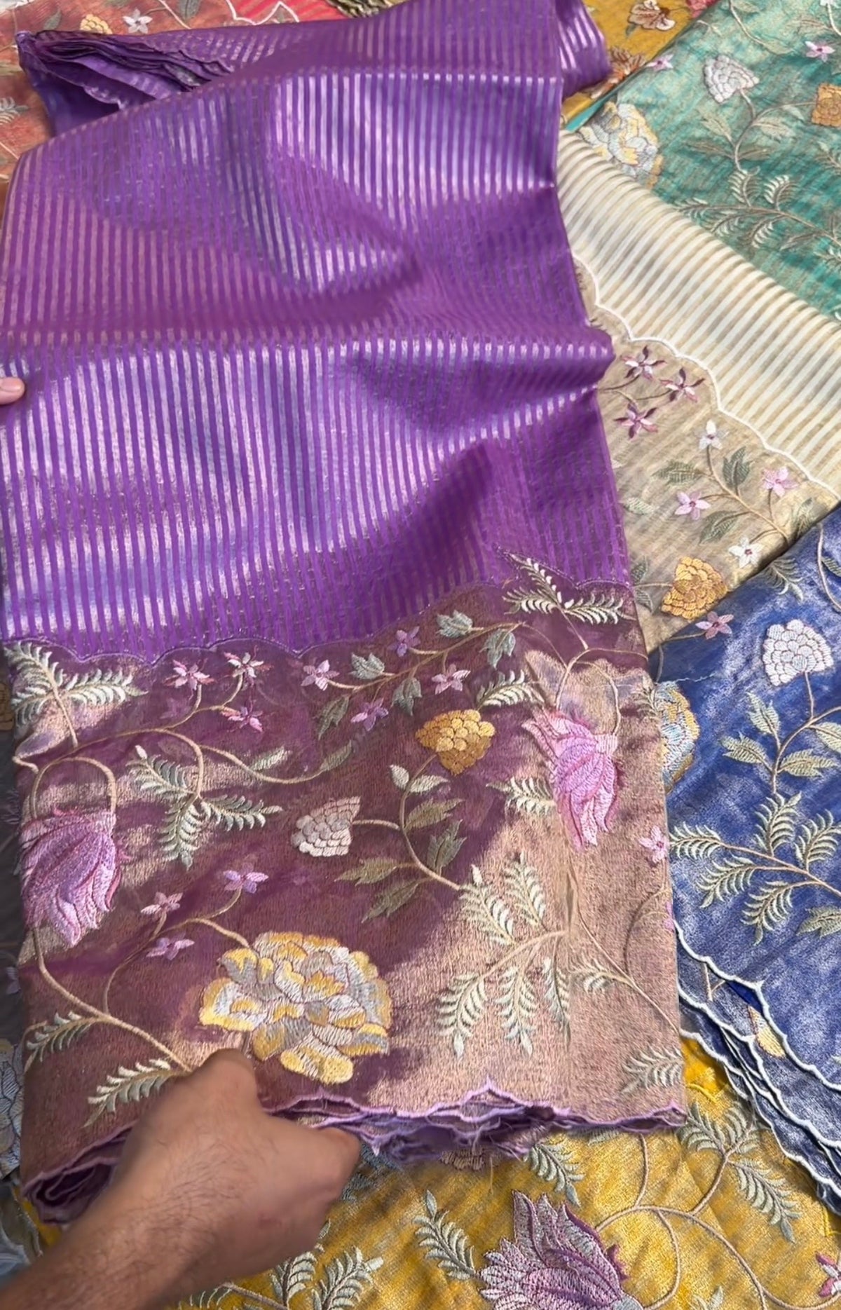 Exclusive banaras tissue stripes sarees with applique scalloped embroidery
