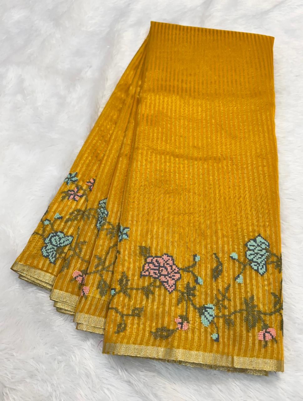 Banaras stripes sarees with intricate petit point work