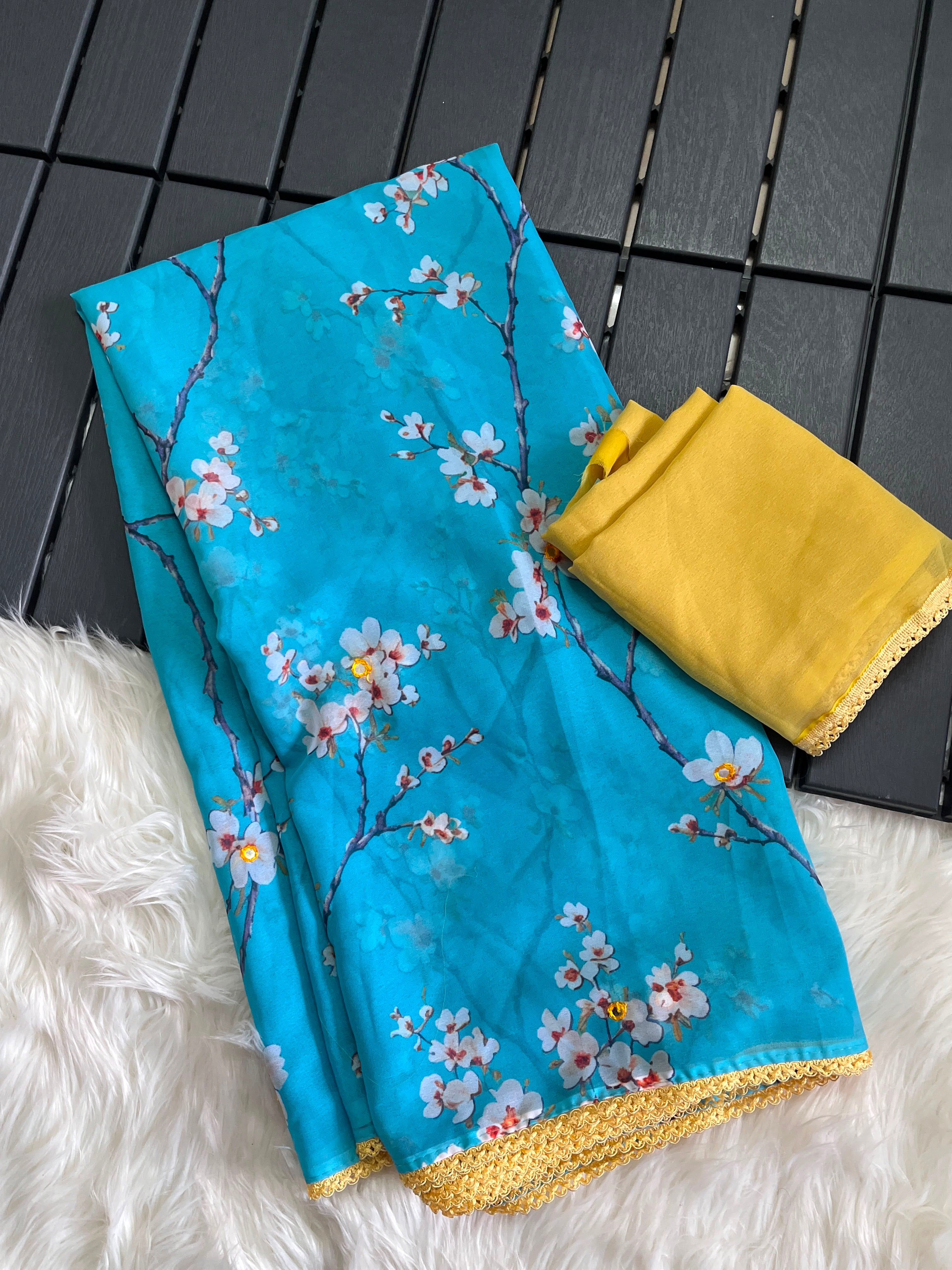 Georgette designer sarees with crochet borders and blouse