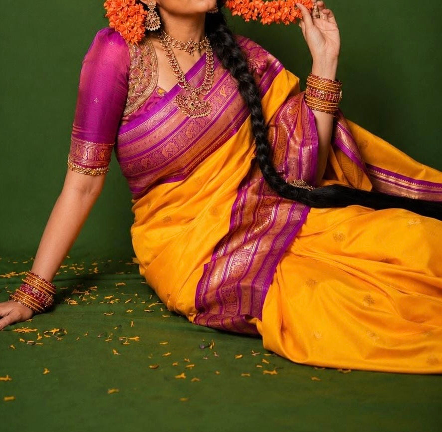 Semi kanjeevaram silk saree with vintage weaving rich unstitched blouse