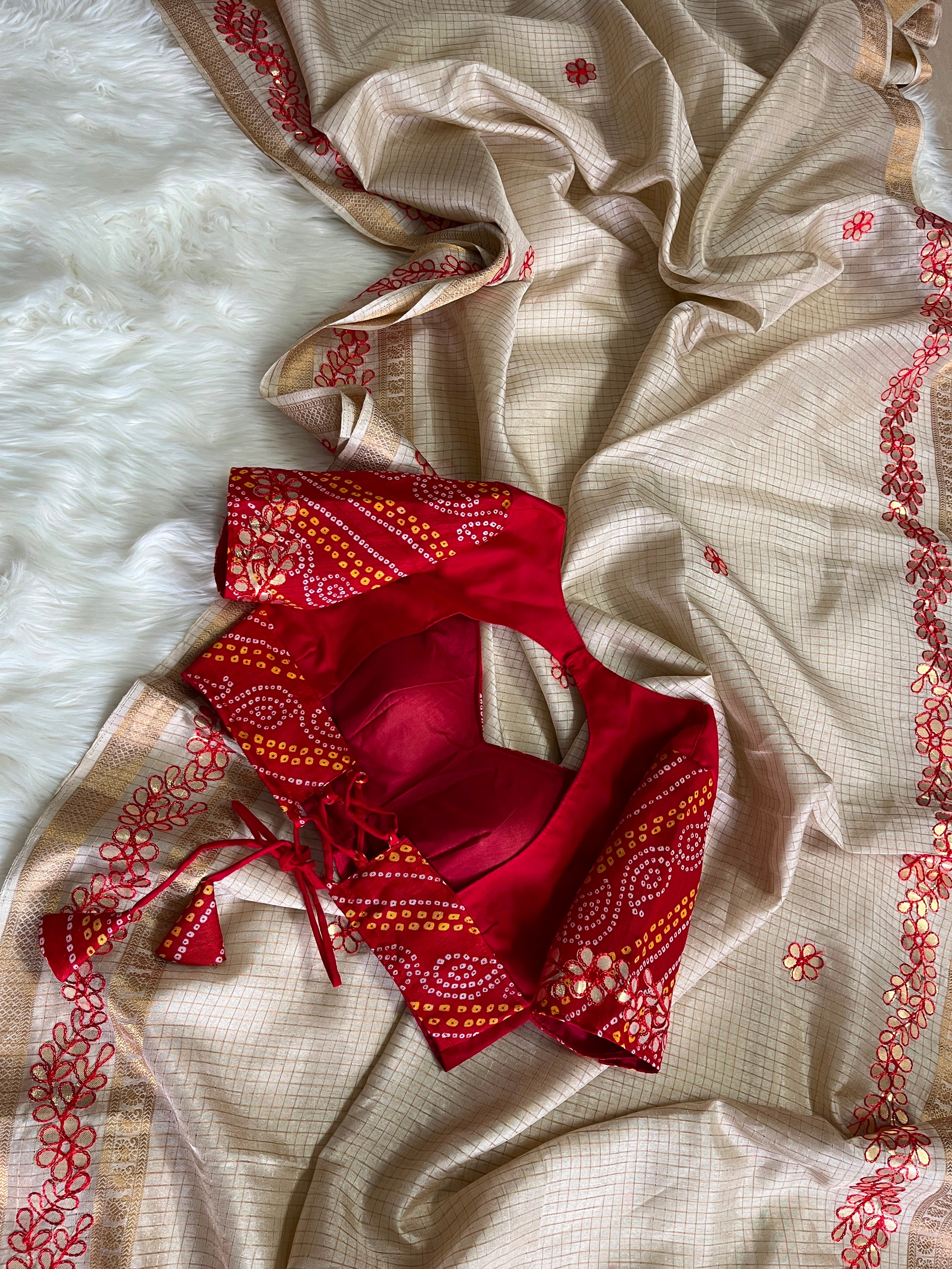 Exclusive fancy tissue checkered silk saree with gottawork and fully stitched blouse ! Dispatch time 5-7 days