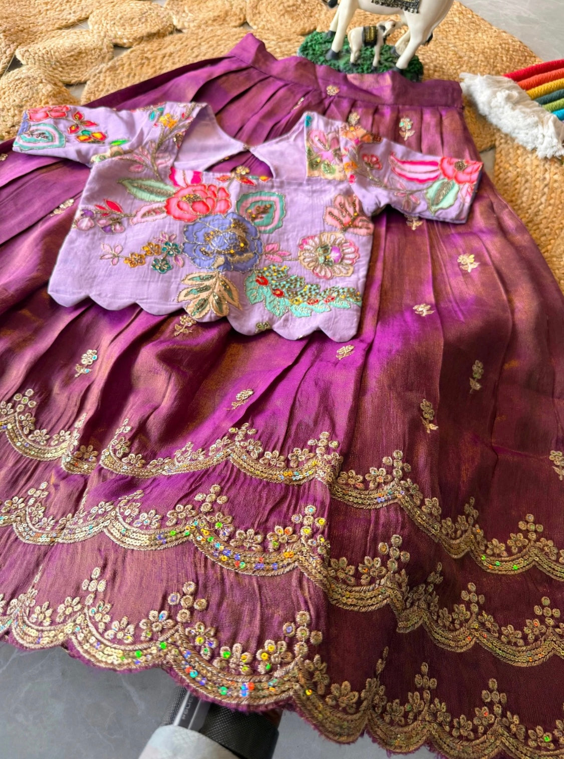 Kids fully stitched tissue silk lehangas with scalloped embroidery and designer blouse (1-16 years )