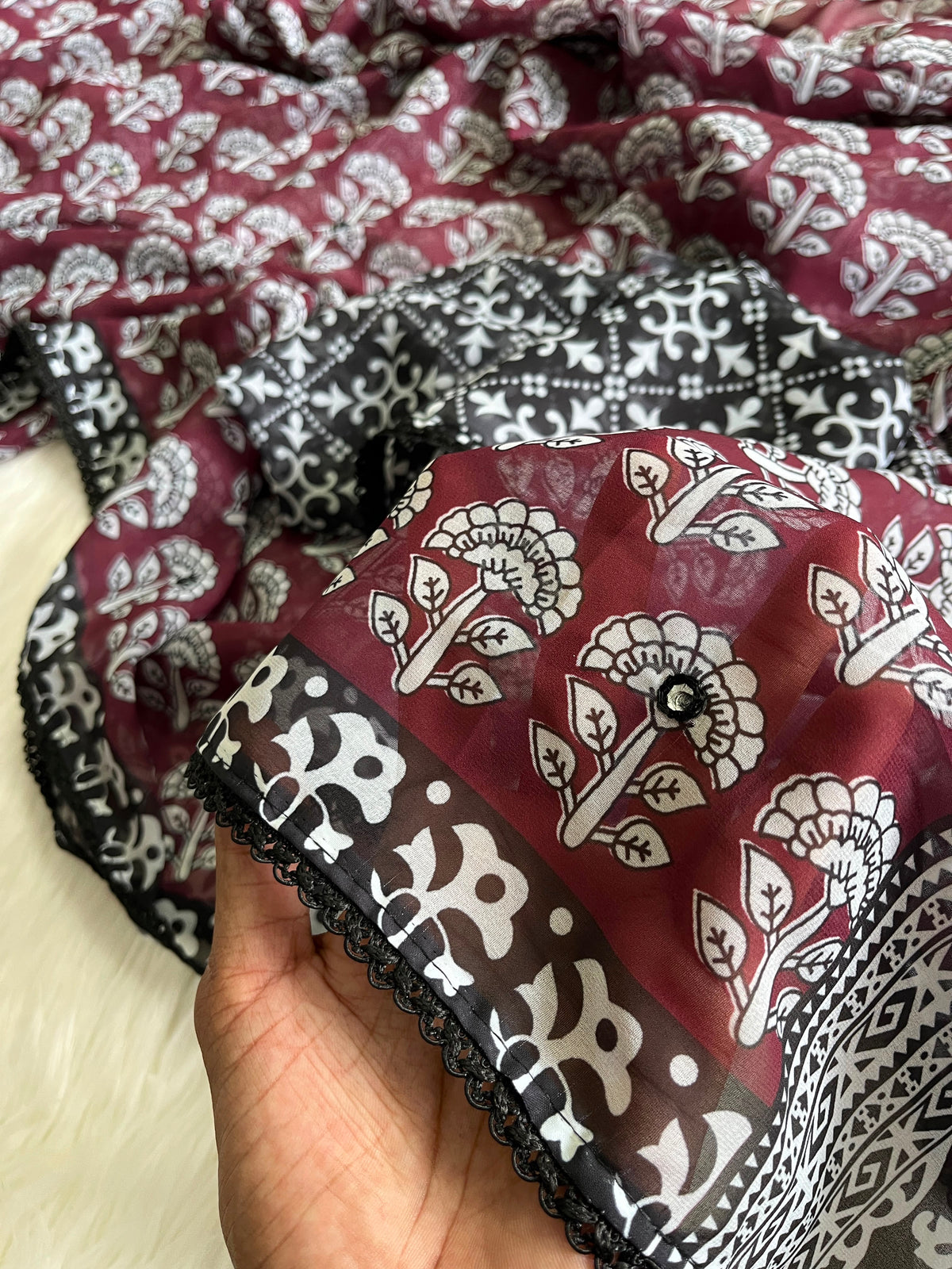 Georgette designer sarees with crochet borders and blouse
