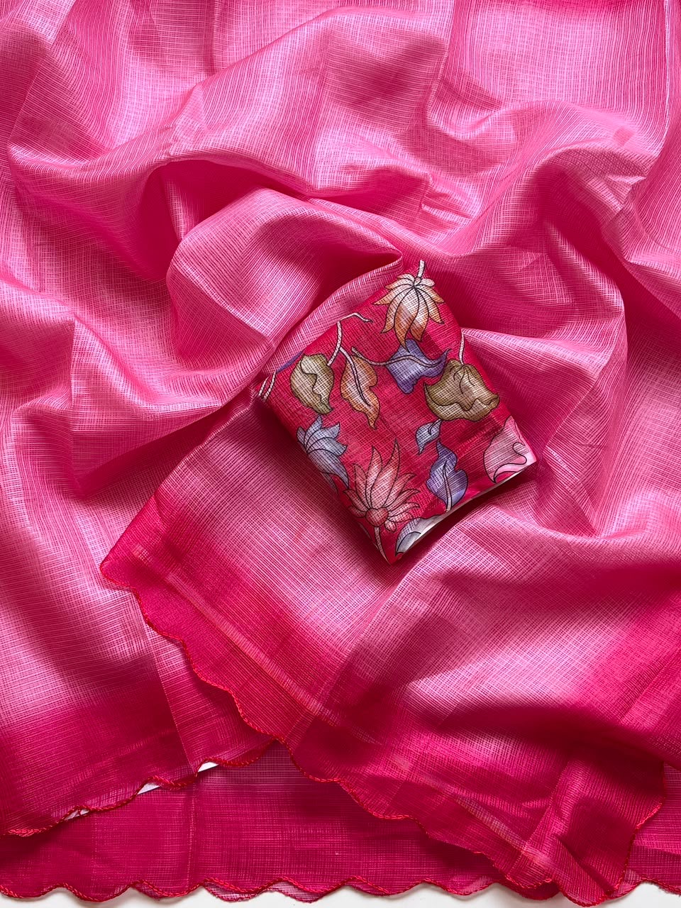 Shaded kota sarees with scalloped borders and kalamkari unstitched blouse