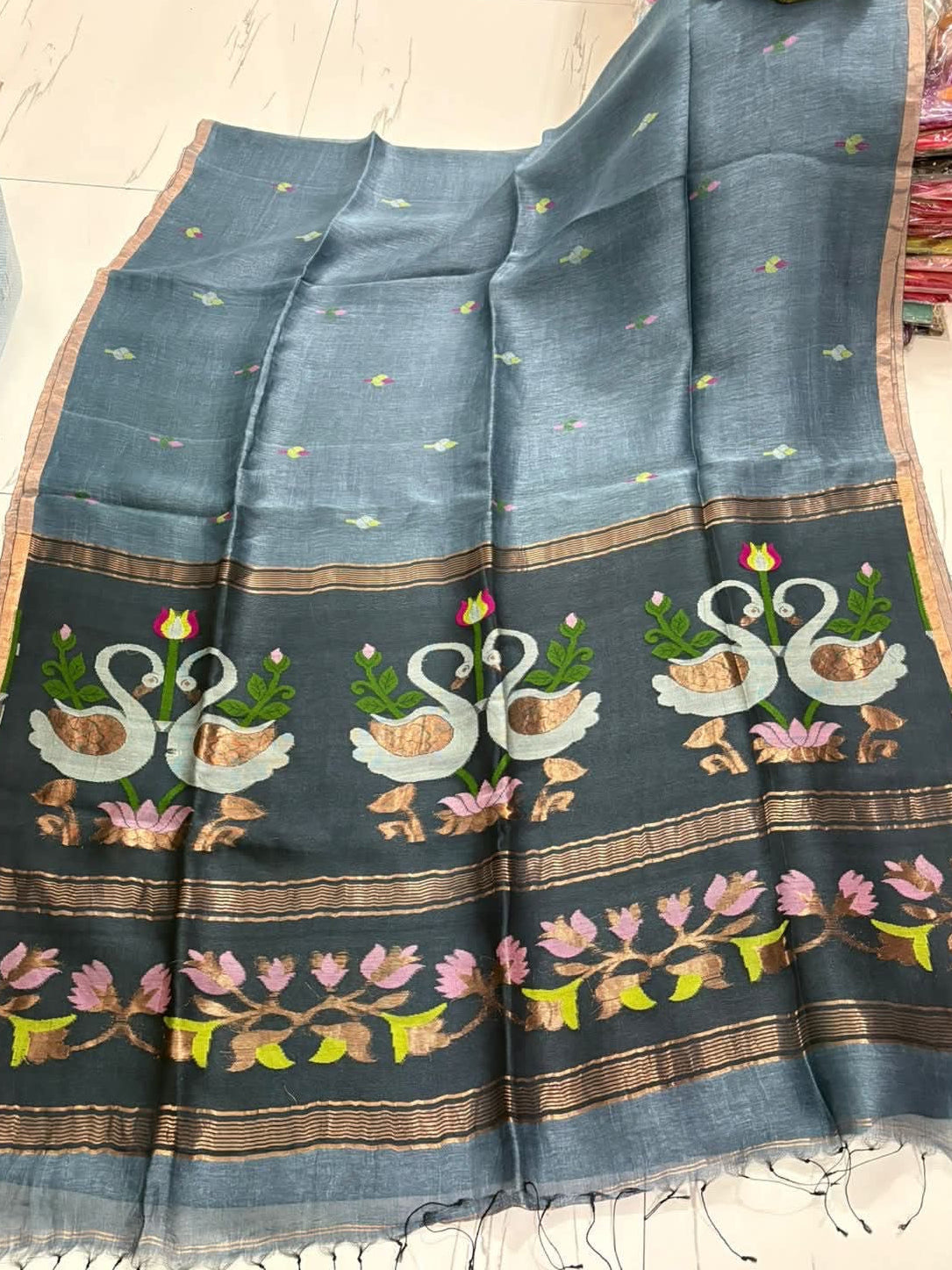 Handloom pure linen silk jamdani sarees