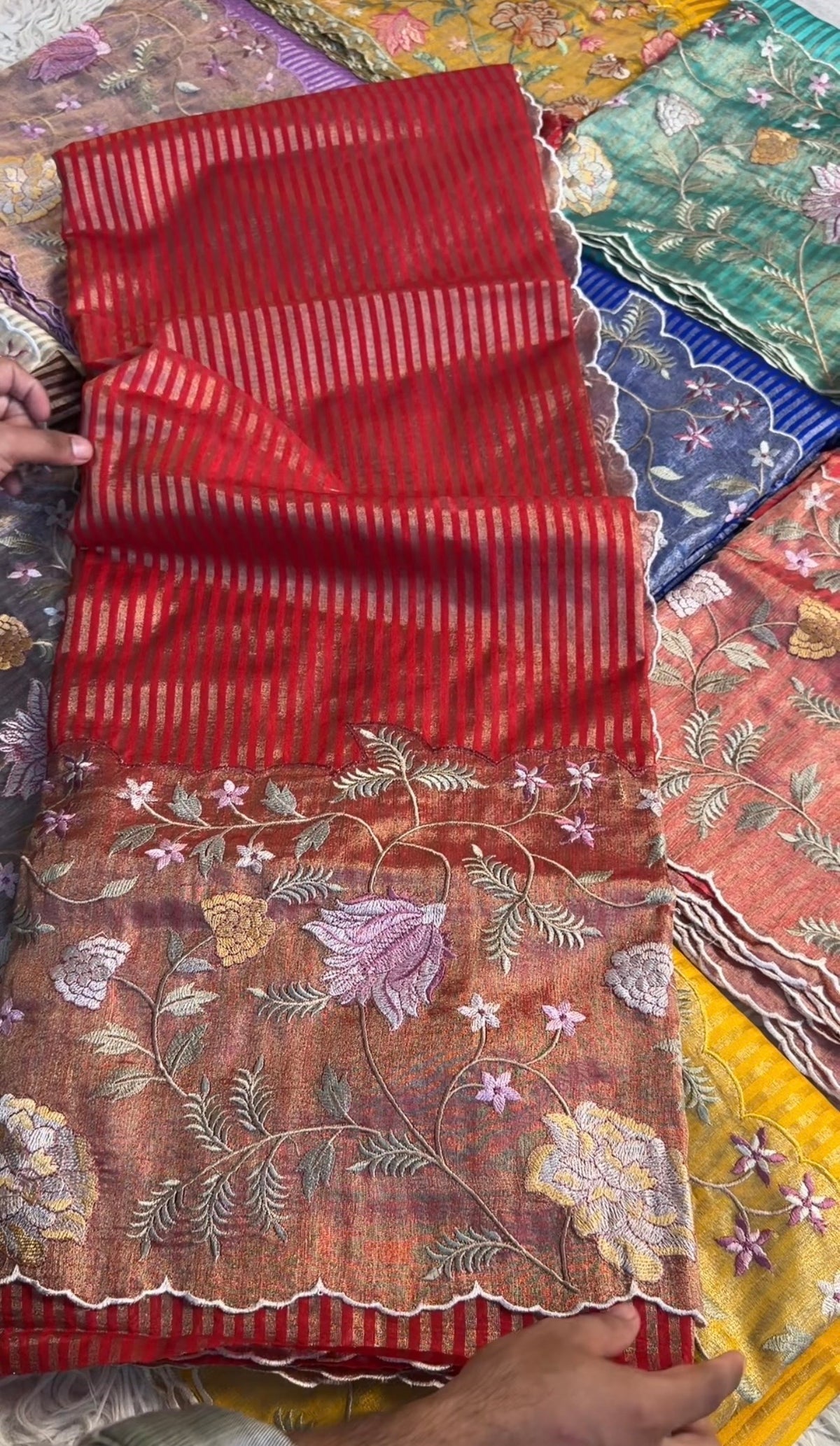 Exclusive banaras tissue stripes sarees with applique scalloped embroidery