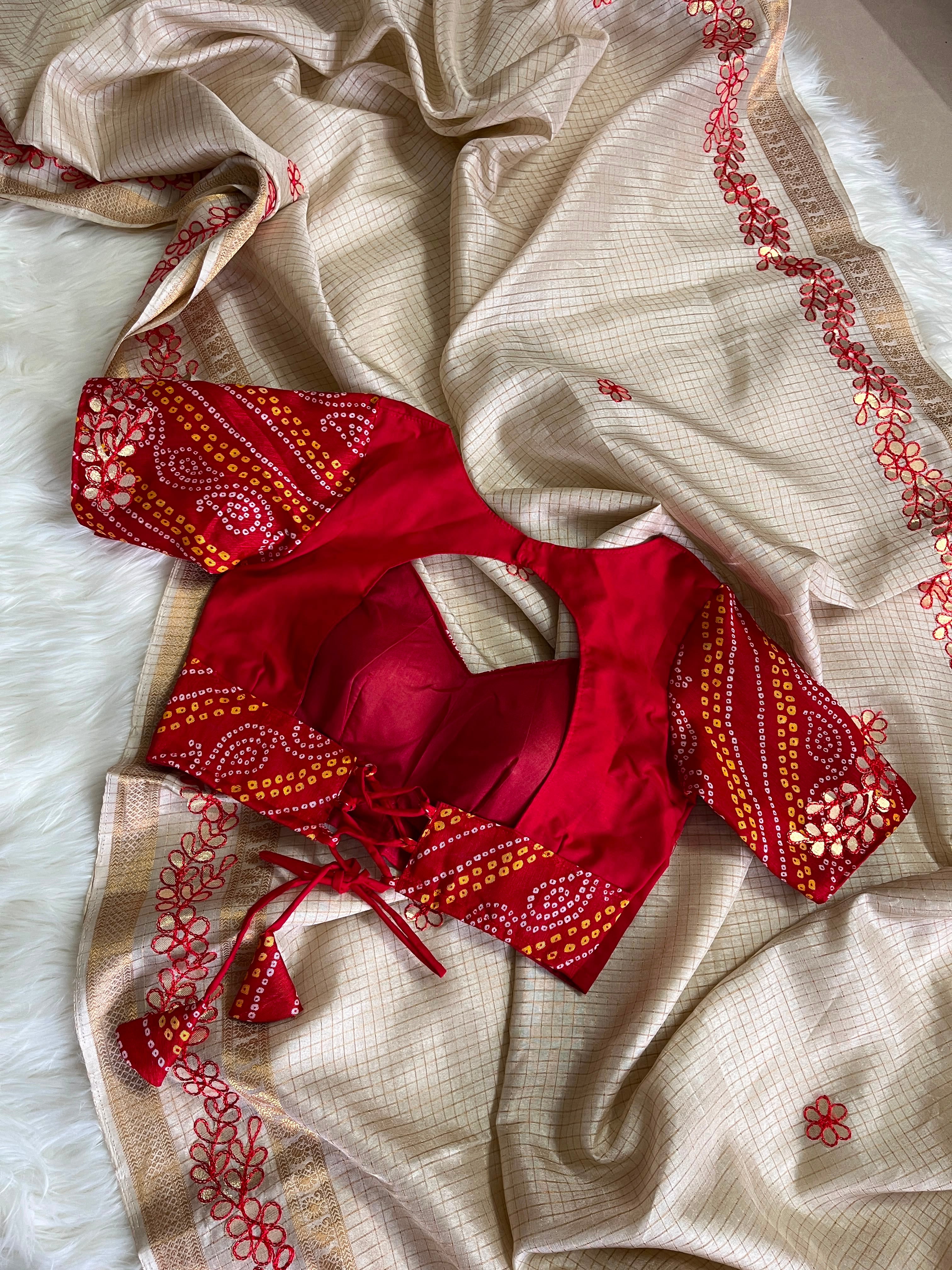 Exclusive fancy tissue checkered silk saree with gottawork and fully stitched blouse ! Dispatch time 5-7 days