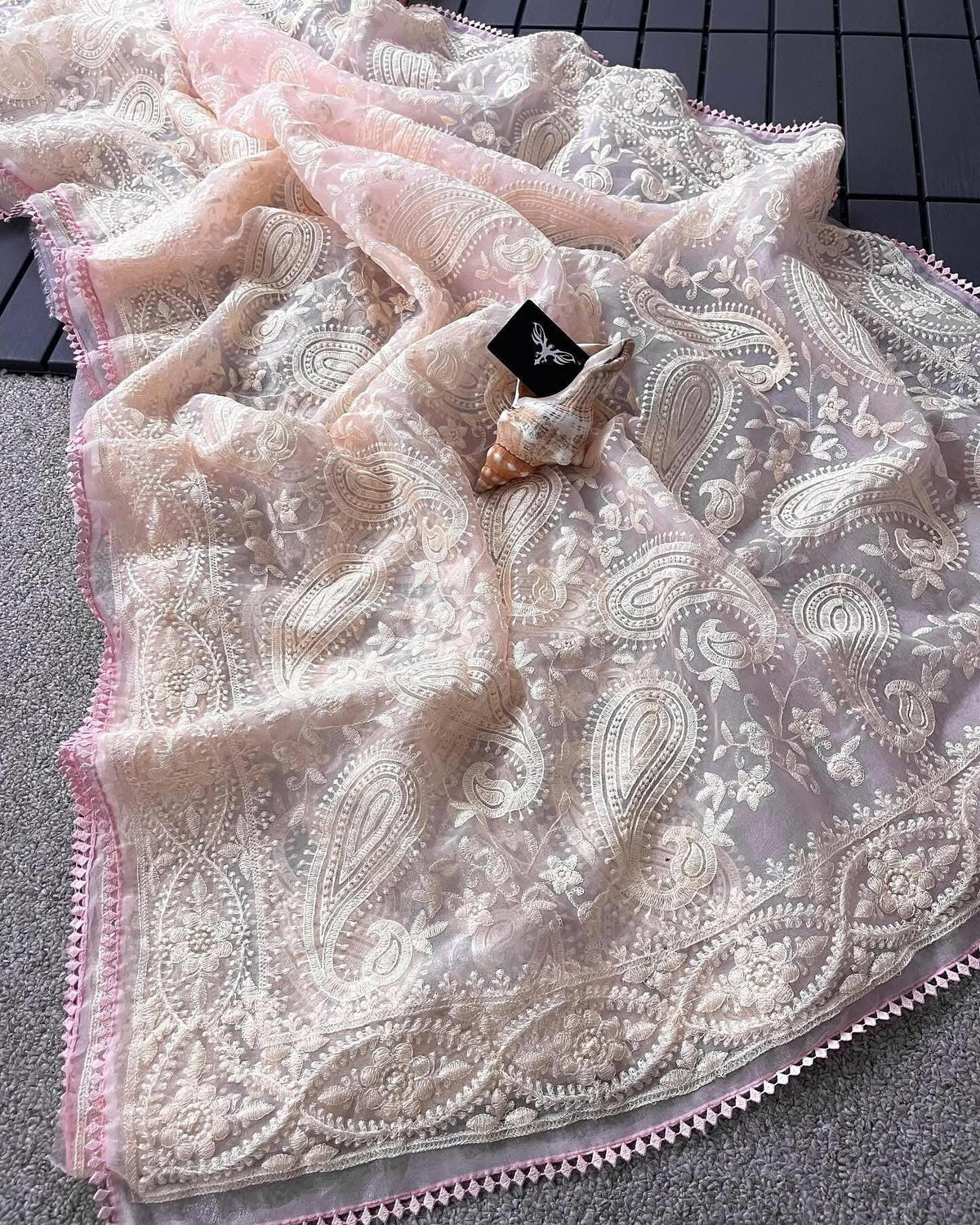 Soft and falling organza chikankari silk saree