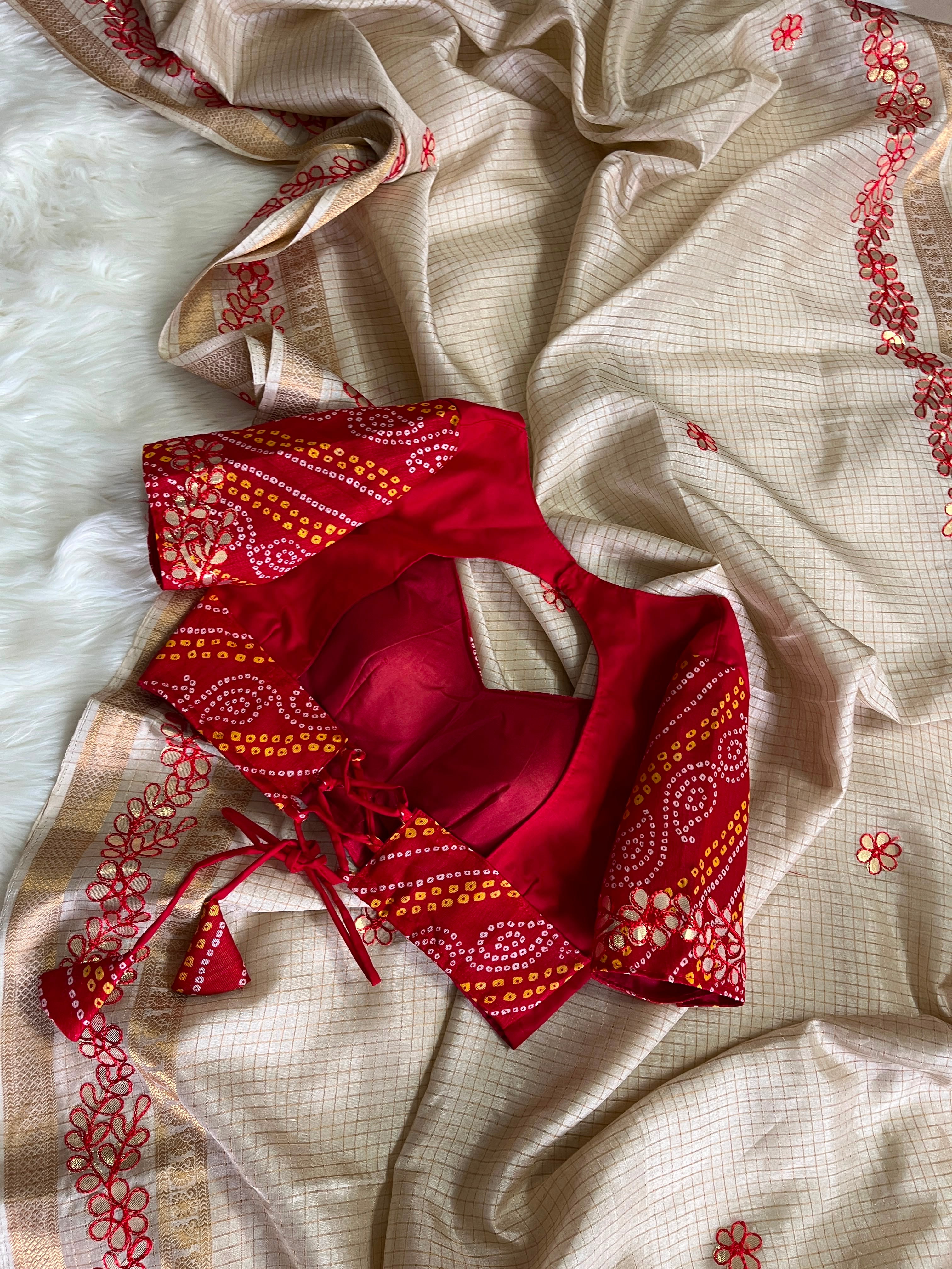 Exclusive fancy tissue checkered silk saree with gottawork and fully stitched blouse ! Dispatch time 5-7 days