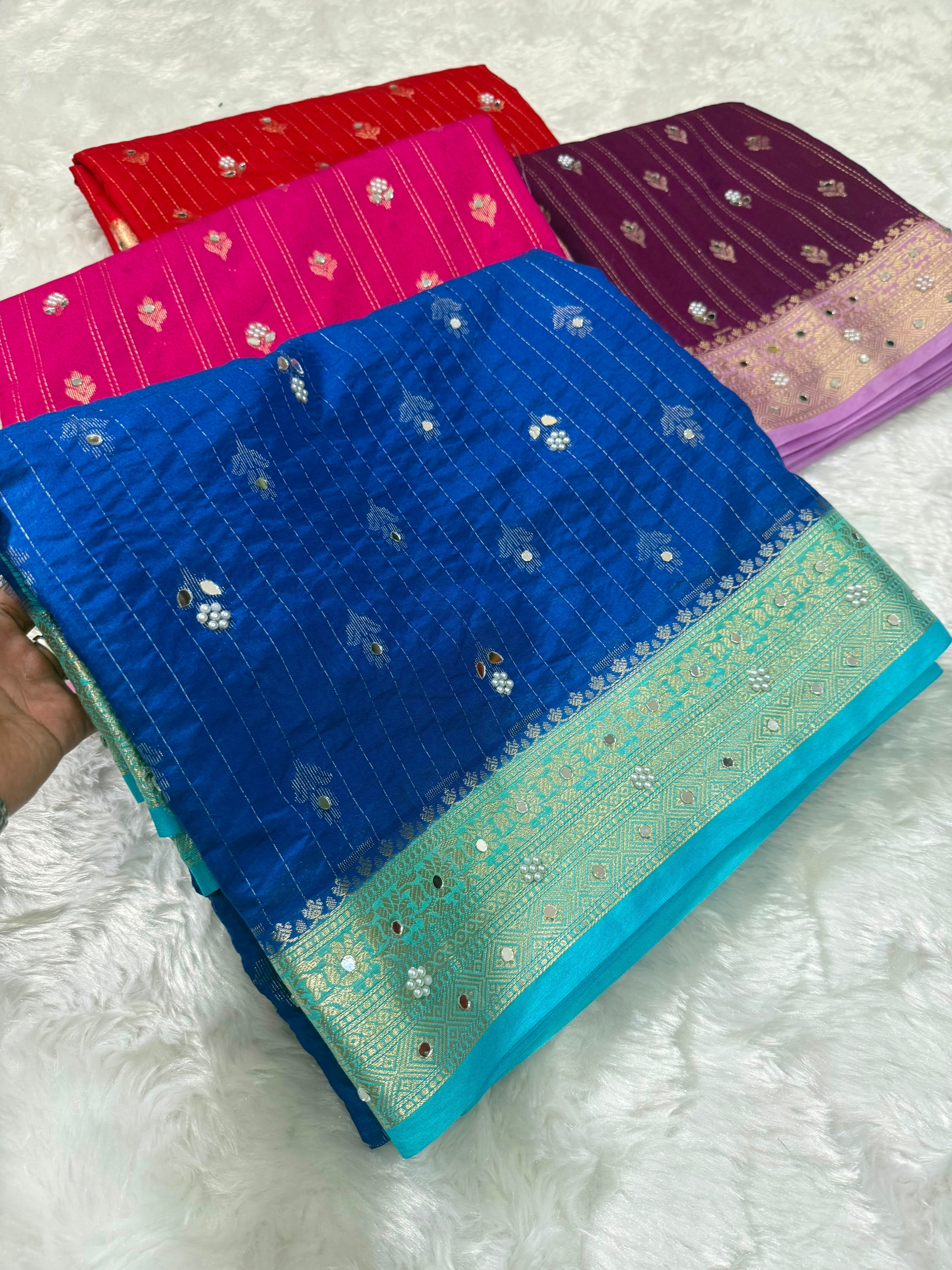 Vintage banaras soft silk sarees with pearl and mirrors designing