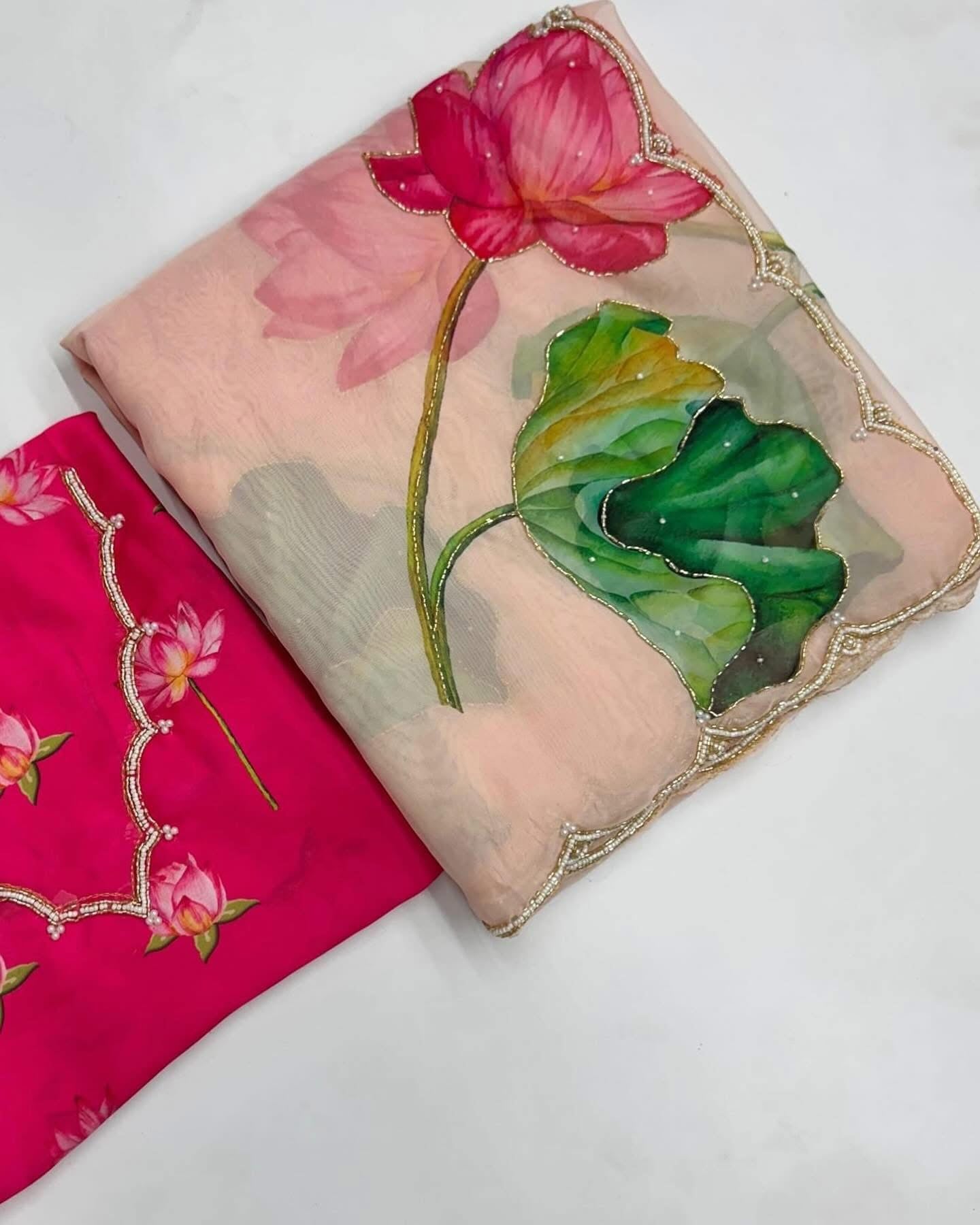Floral soft and falling organza saree with handwork scalloped borders and rich blouse